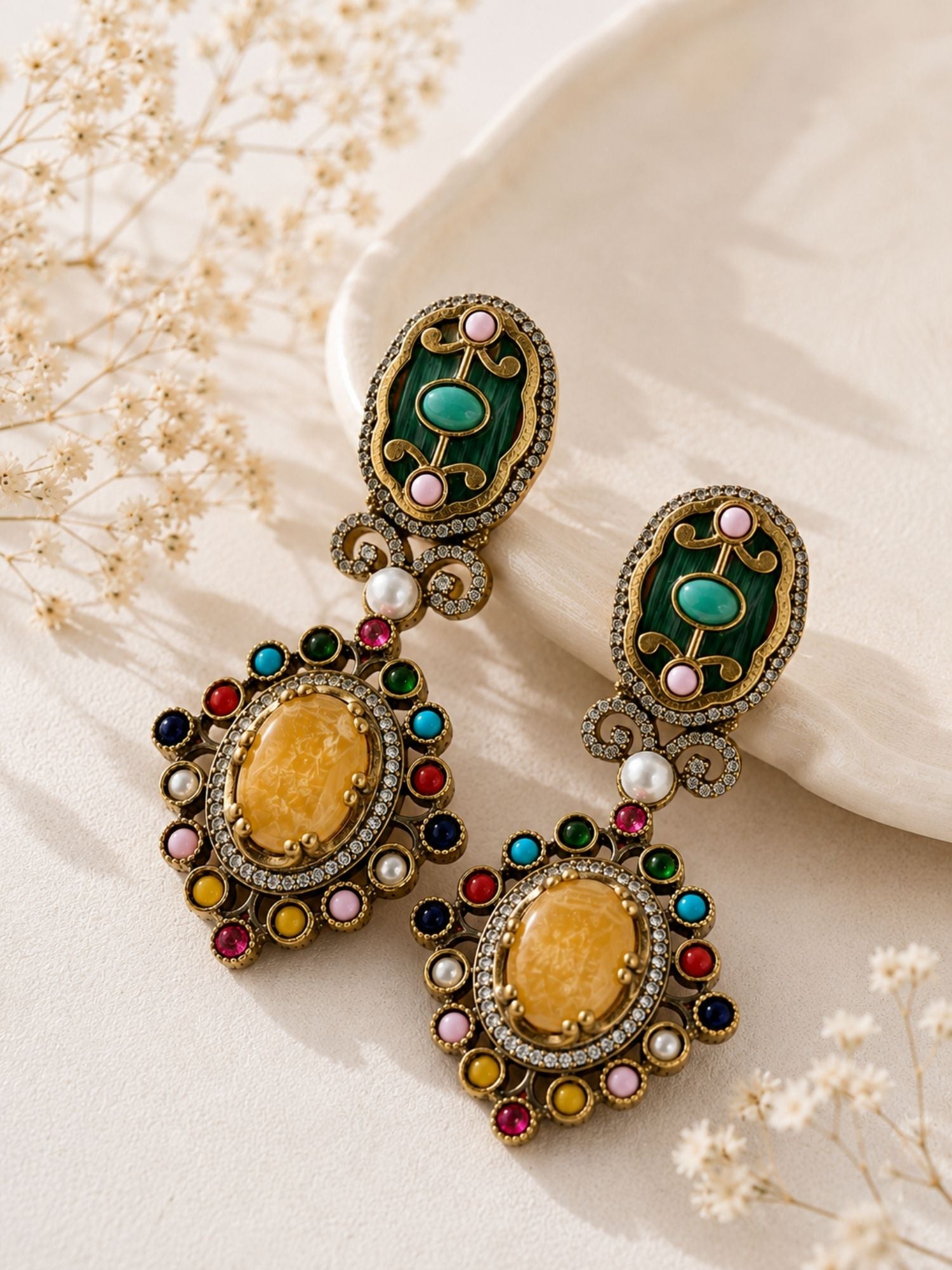 Victorian Oxidsed Gold Drop Earrings in Multicolor Stones – Festive | Abdesigns