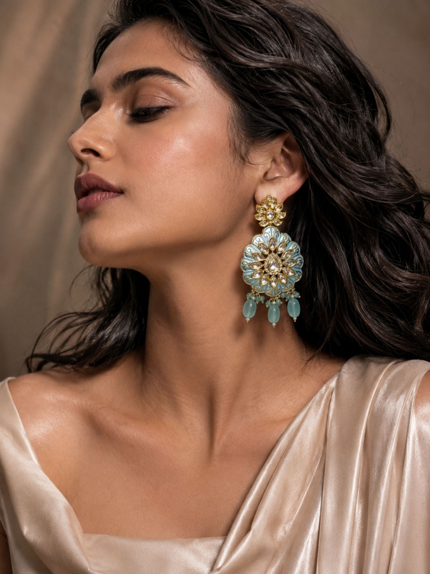 Sky Blue Kundan Statement Earrings in Gold Finish – Festive Wear | Abdesigns Jewellery
