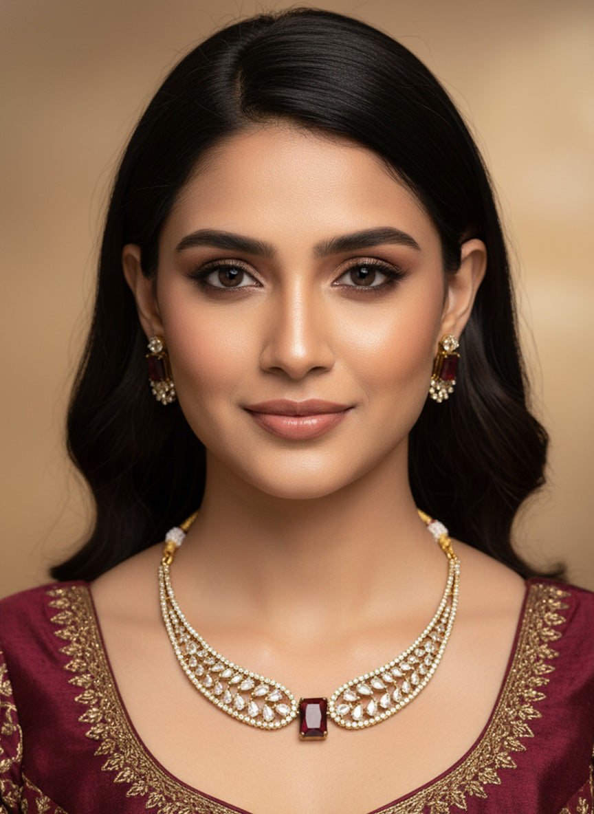 Elegant gold plated choker necklace set with emerald stone and intricate designs for special occasions