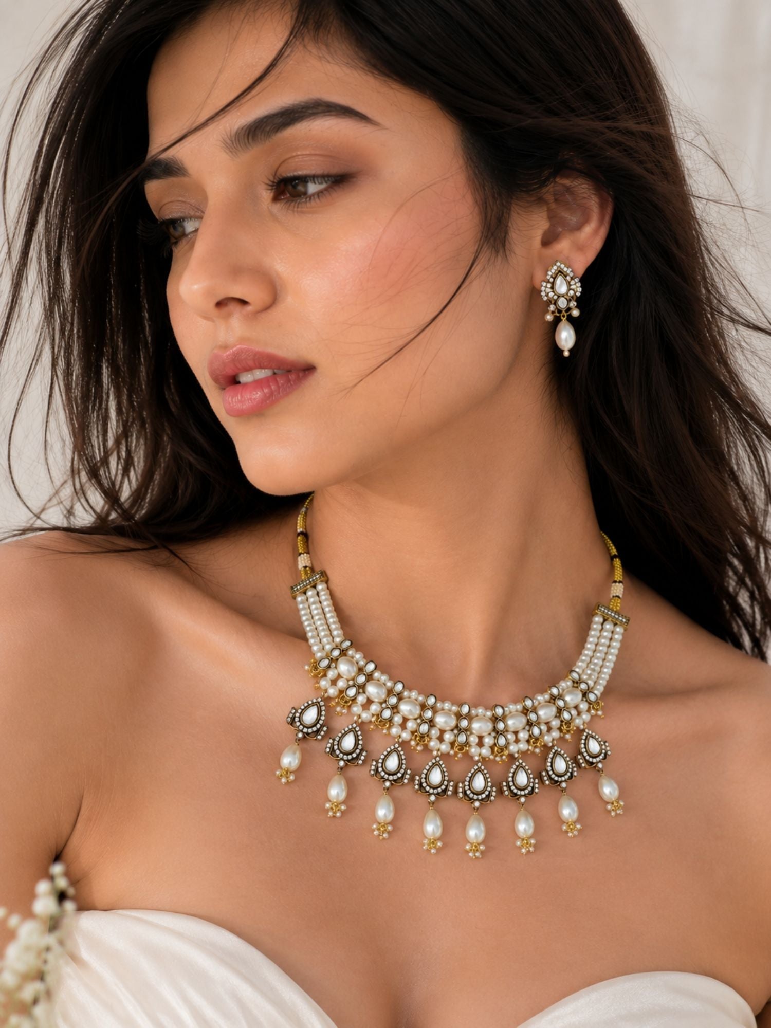 Pearl Kundan Choker Set in Antique Oxidsed Gold – Bridal | Abdesigns