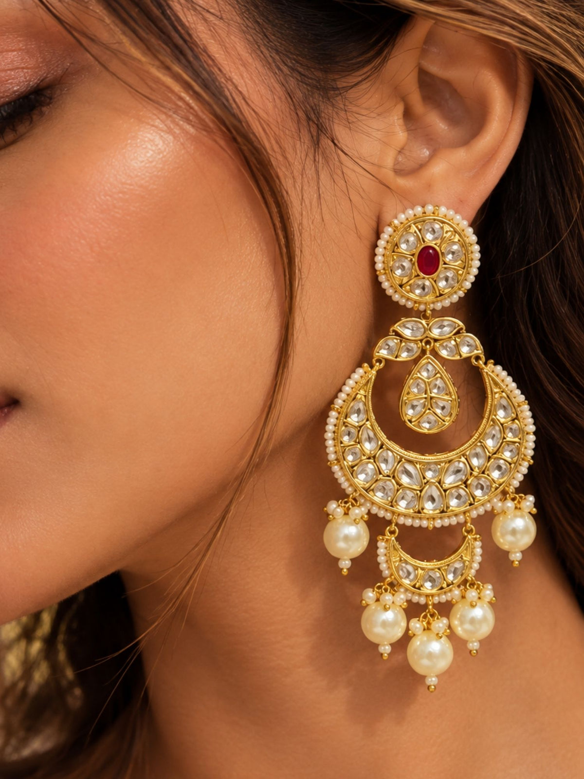Kundan Polki Pearl Chandbali Earrings Gold Plated | Abdesigns
