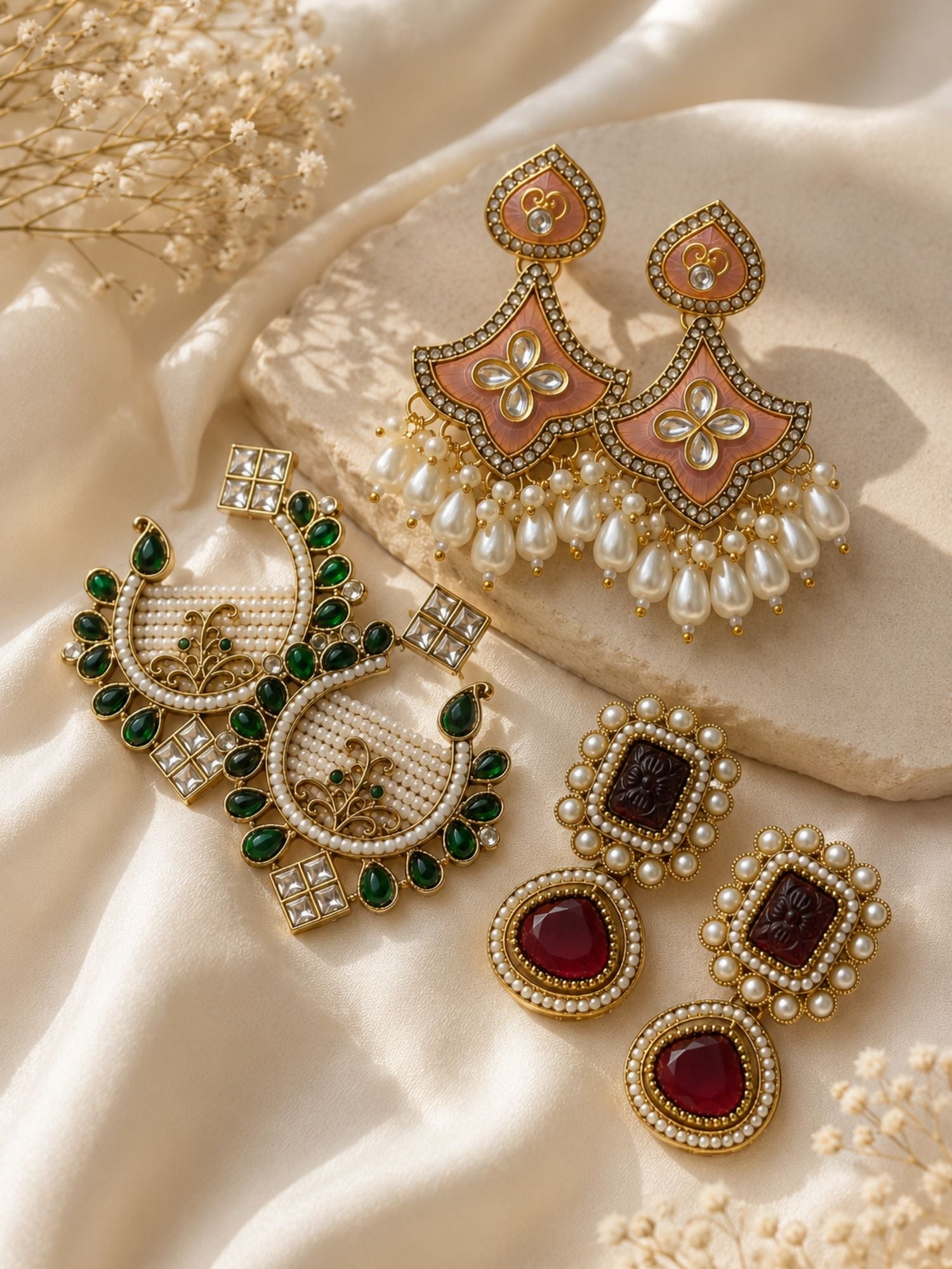 Set of 3 Gold Plated Kundan Pearl Festive Earrings for Women
