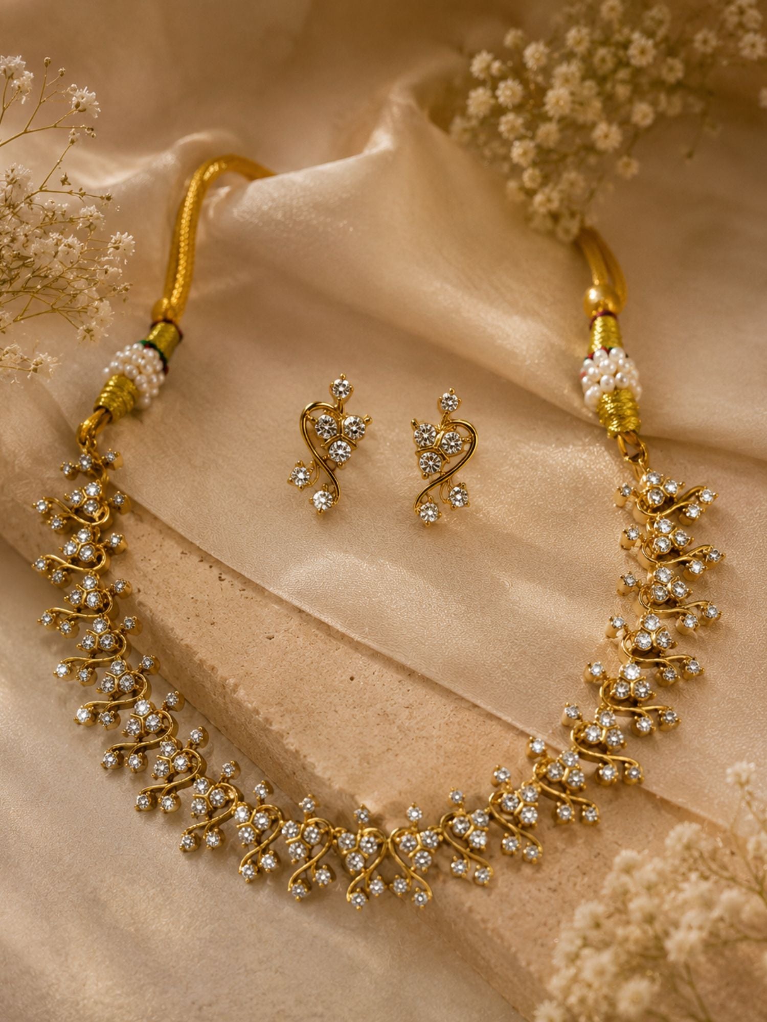Gold Plating Solitaire American Diamond Necklace Set | Abdesigns