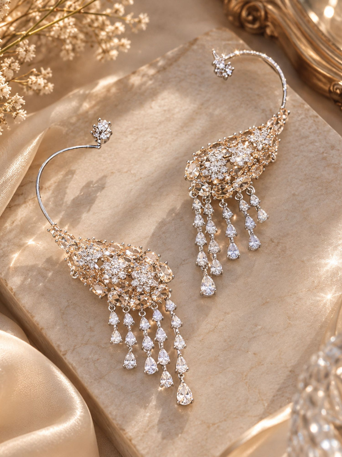 Silver Plated AD Stone Floral Statement Ear Cuff Earrings for Women