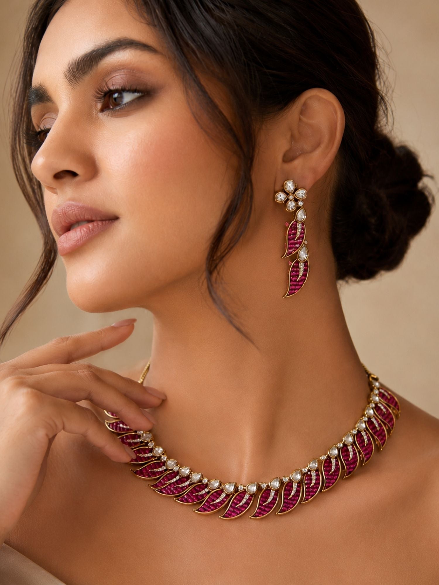 Victorian Gold Plated Pink Leaf Necklace Set with Earrings | Abdesigns