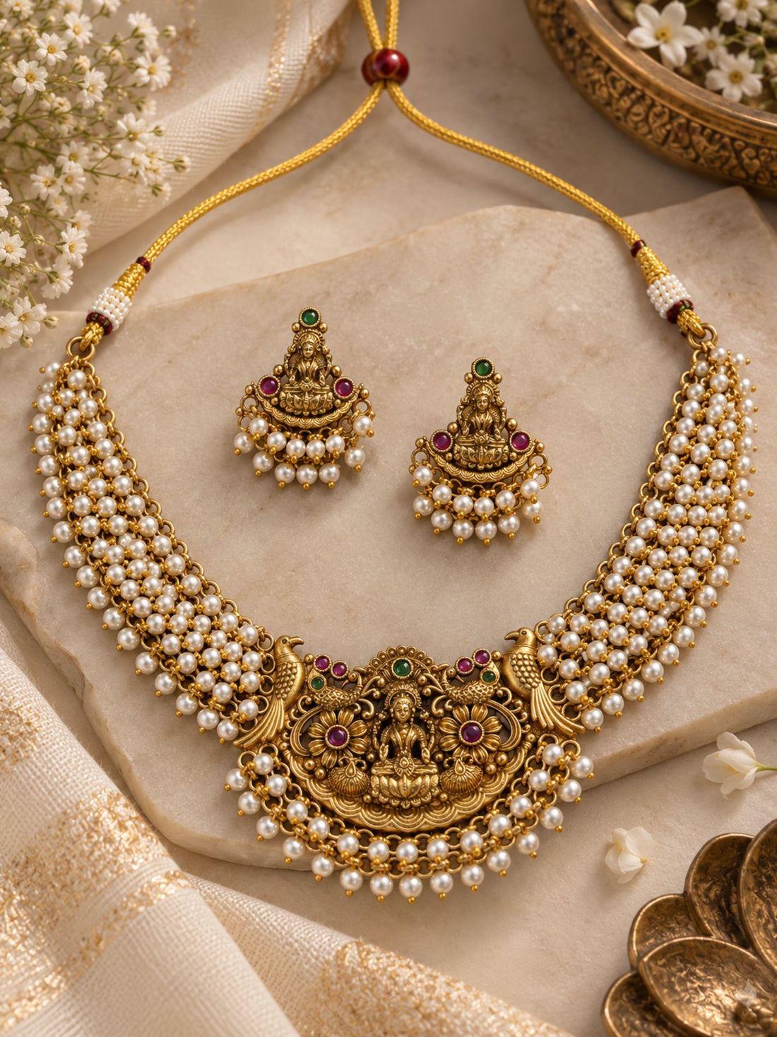 Gold Plated Temple Lakshmi Pearl Necklace Set with Earrings