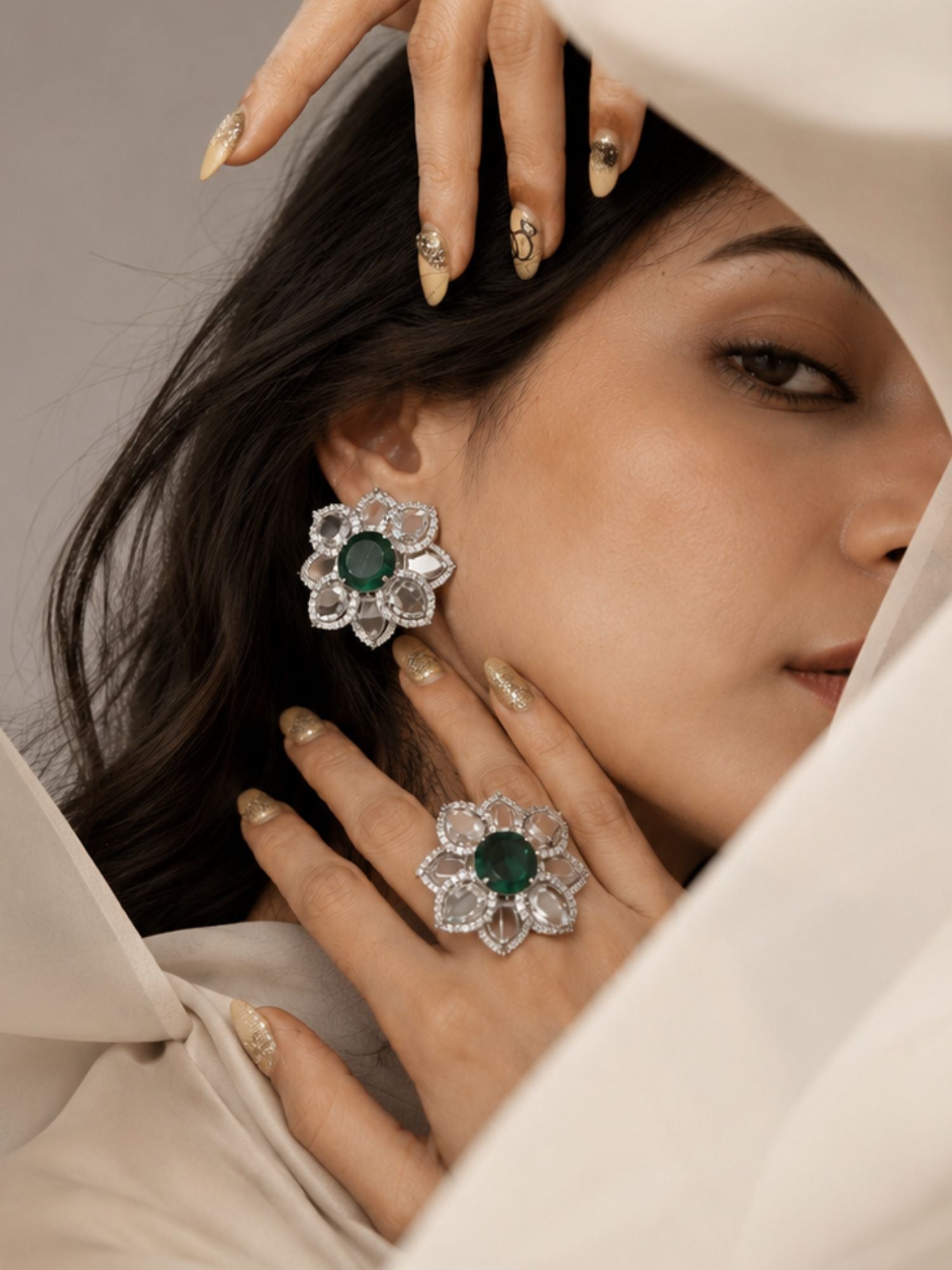 Emerald Green Floral Ring & Earrings Set | Abdesigns Jewellery