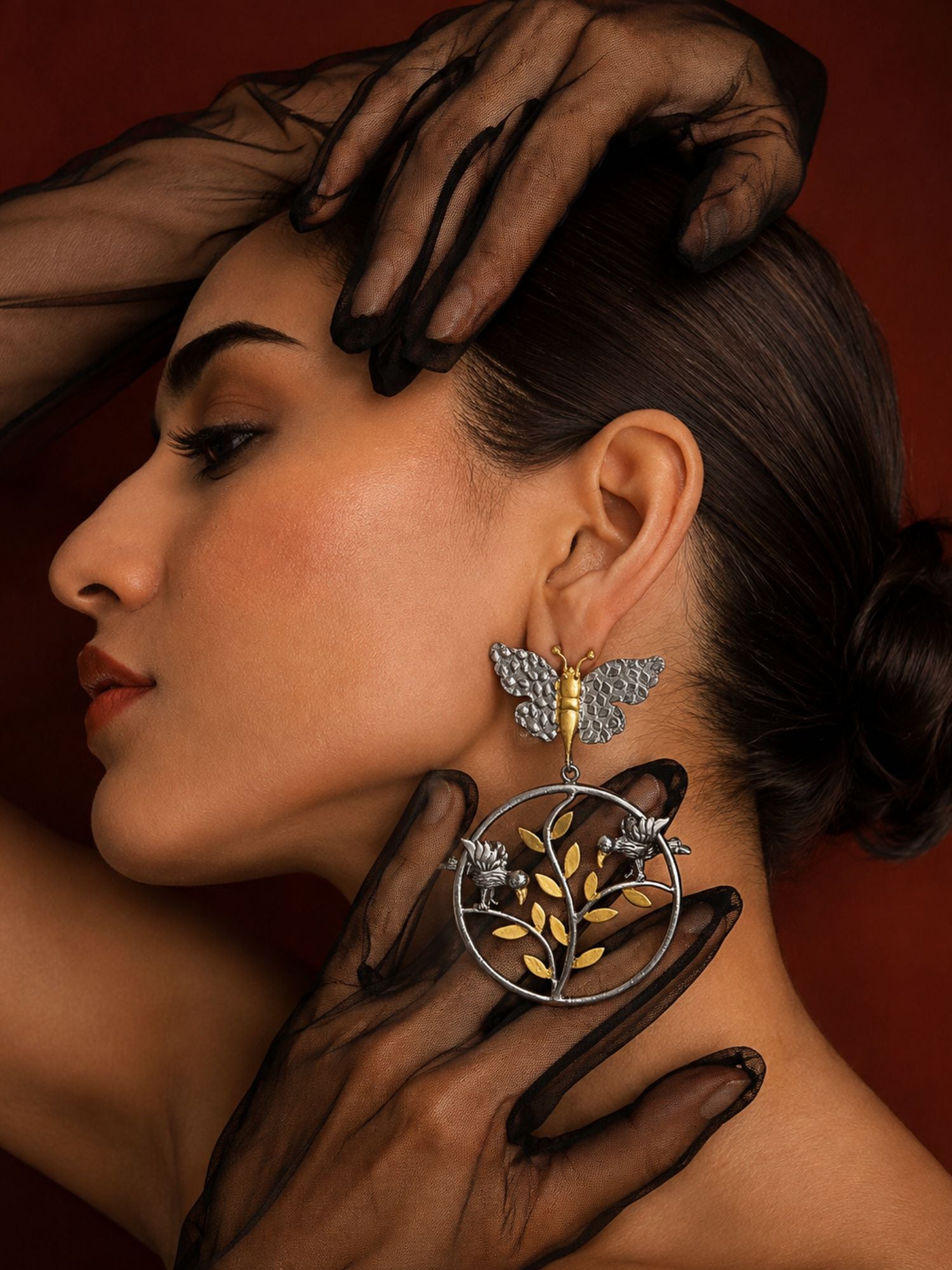 Dual Tone Butterfly Bird Statement Earrings for Women