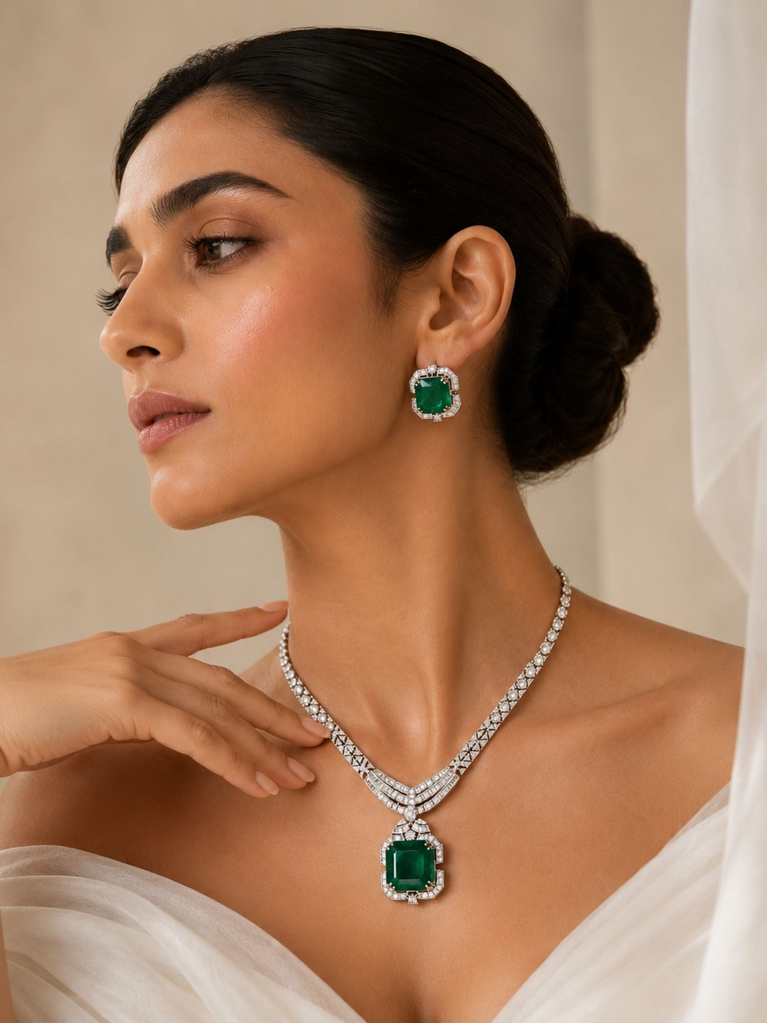 Emerald Green CZ Necklace Set in Silver Plating – Party | Abdesigns