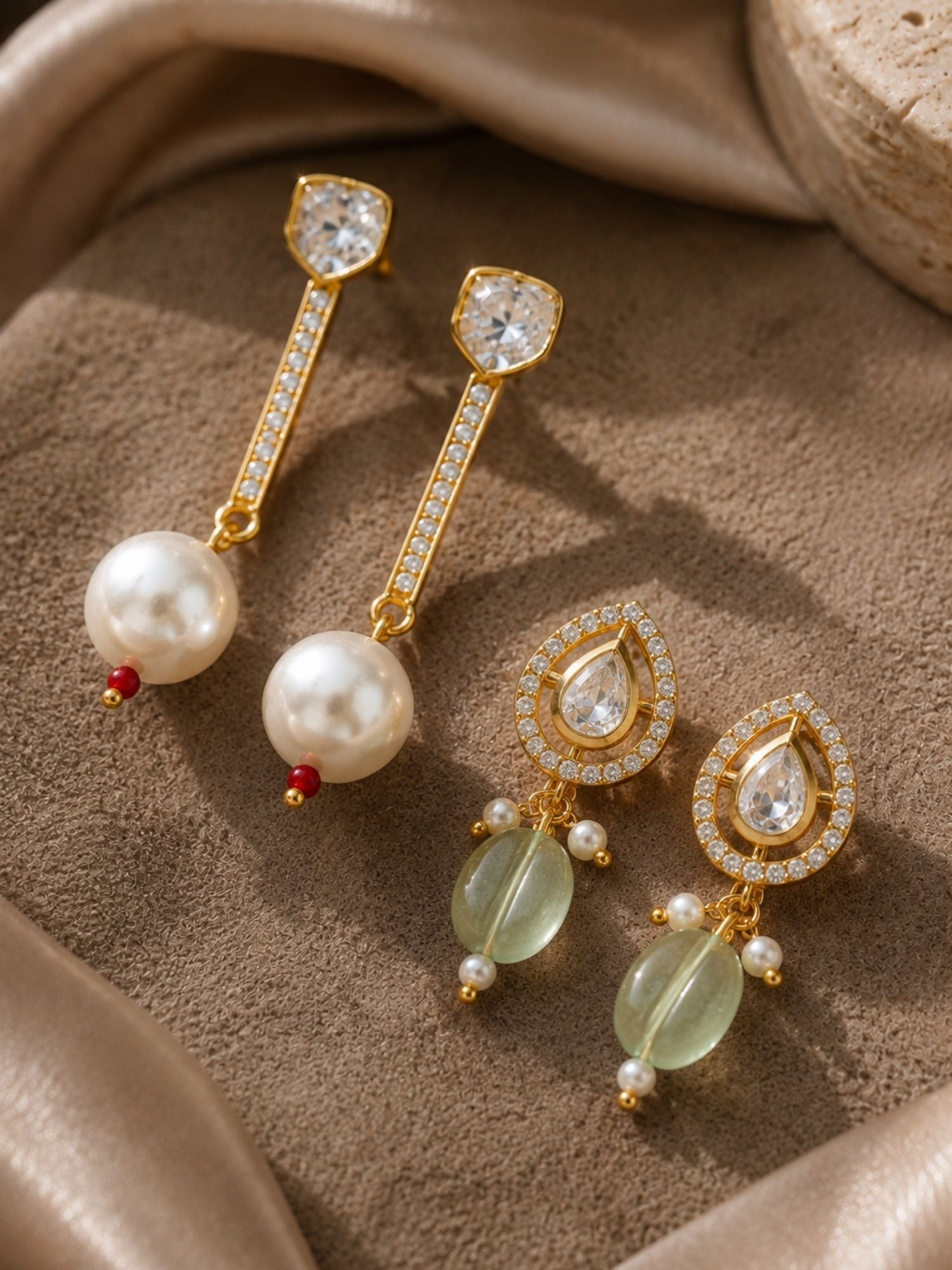Combo Of Elegant Kundan Pearl & Mint Green Bead Earrings