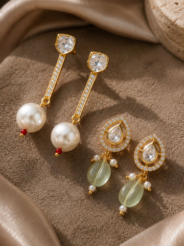 Combo Of Elegant Kundan Pearl & Mint Green Bead Earrings