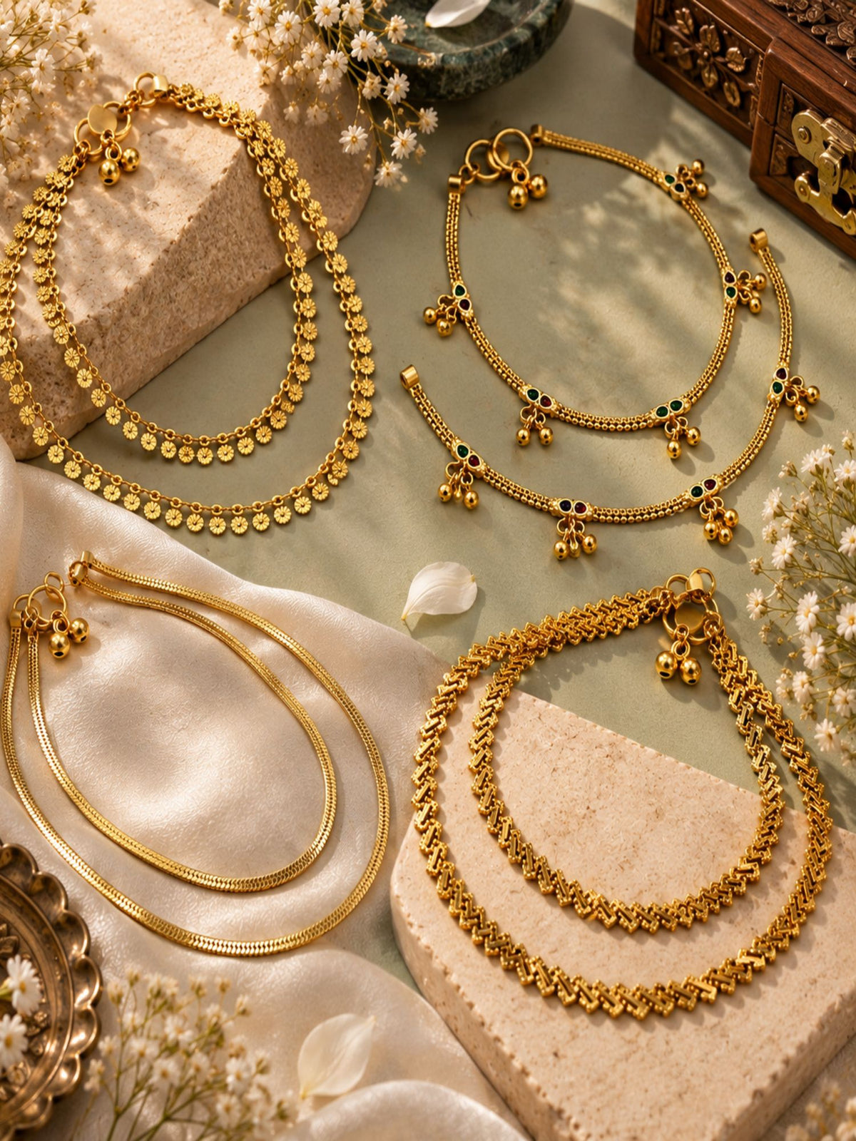 Combo Of 4 Gold Plated Traditional Anklets for Women