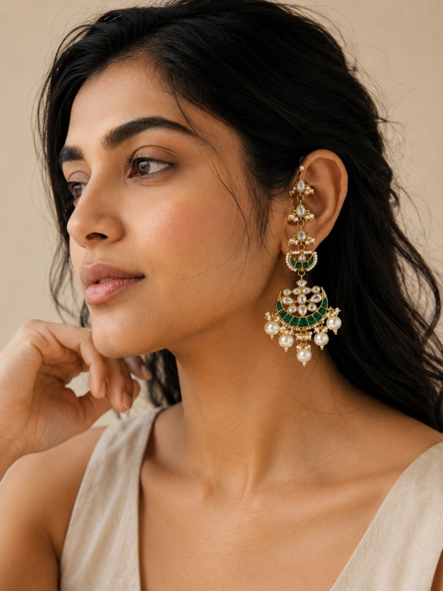 Abdesigns Pachi Kundan Ear Cuff Chandbali Earrings with Pearl Drops