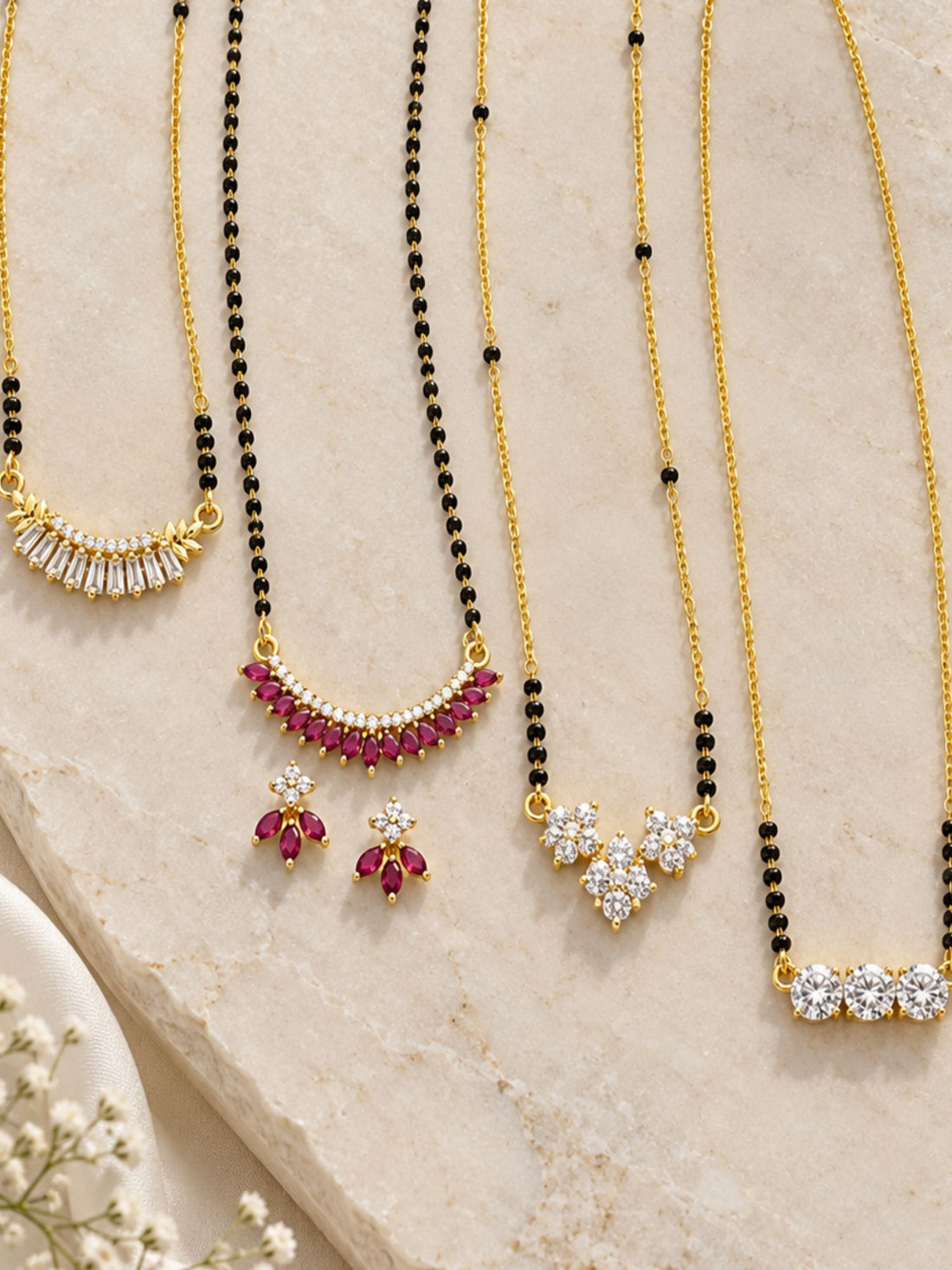 Set of 4 Gold Plated AD Stone Black Bead Mangalsutra Necklaces with Earrings for Women