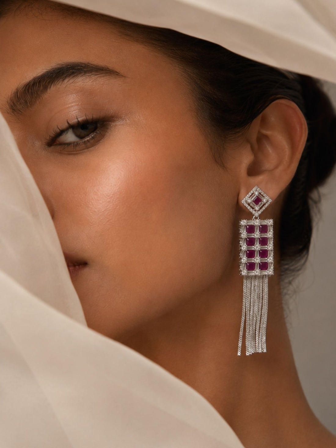 Ruby CZ Tassel Earrings in Silver Finish – Party Wear | Abdesigns Jewellery