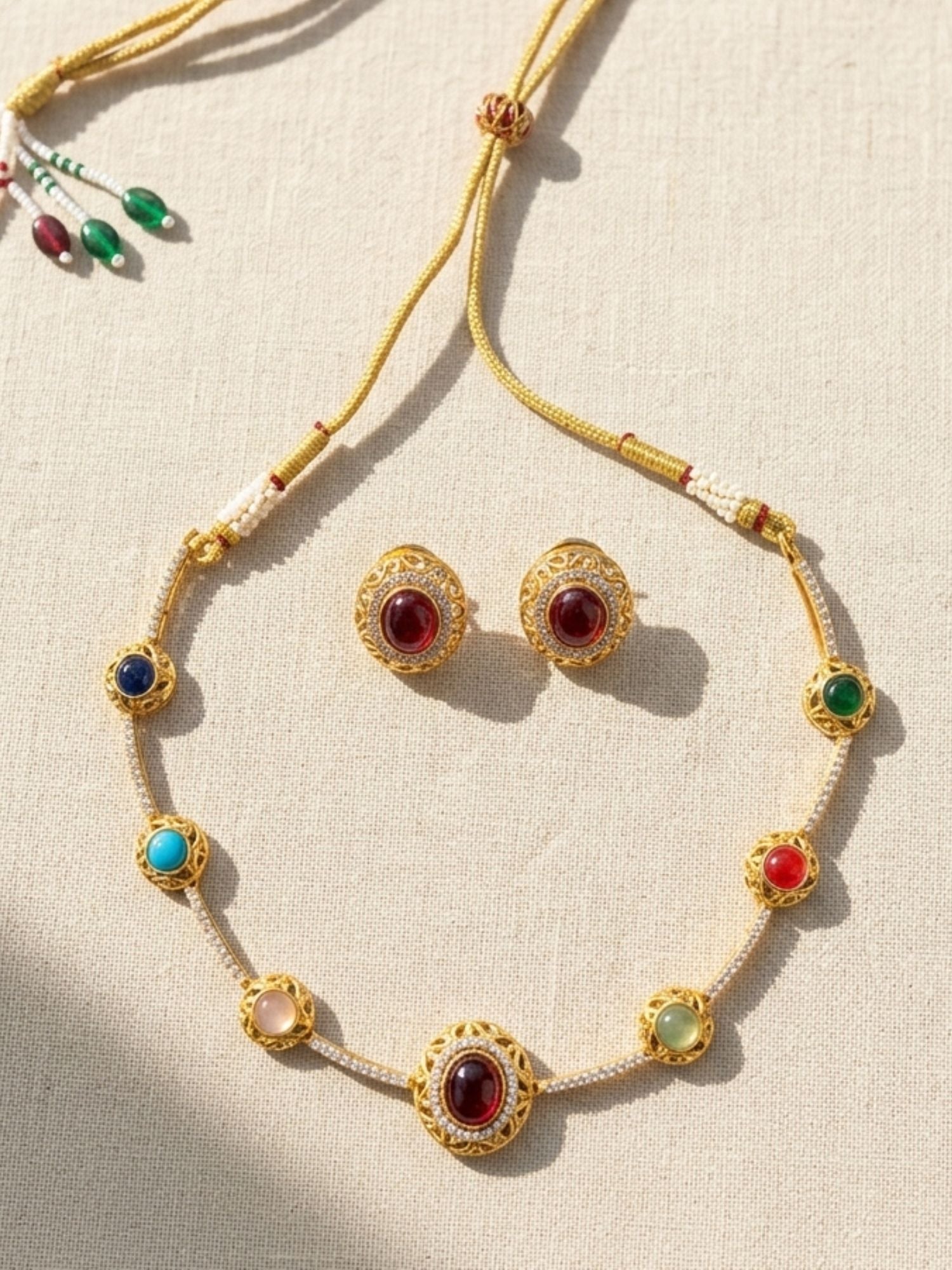 Abdesigns Navratna Stone Necklace Set with Earrings