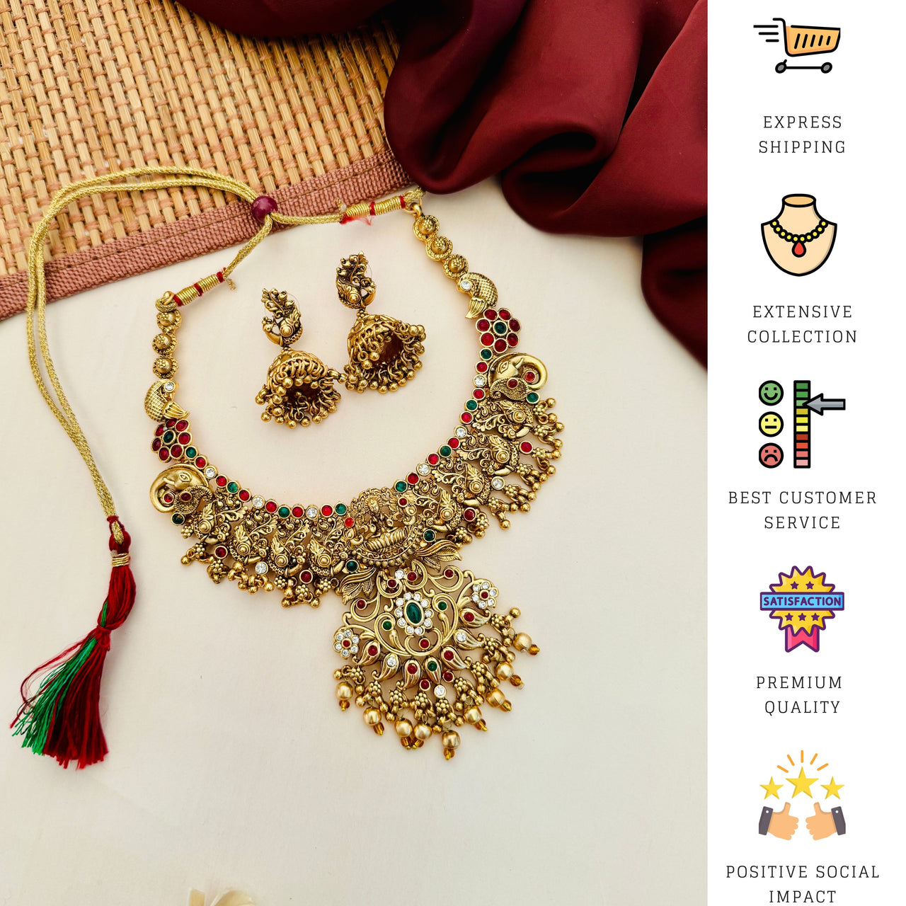 Mesmerizing Antique Gold Plated Matt Finish Necklace Set