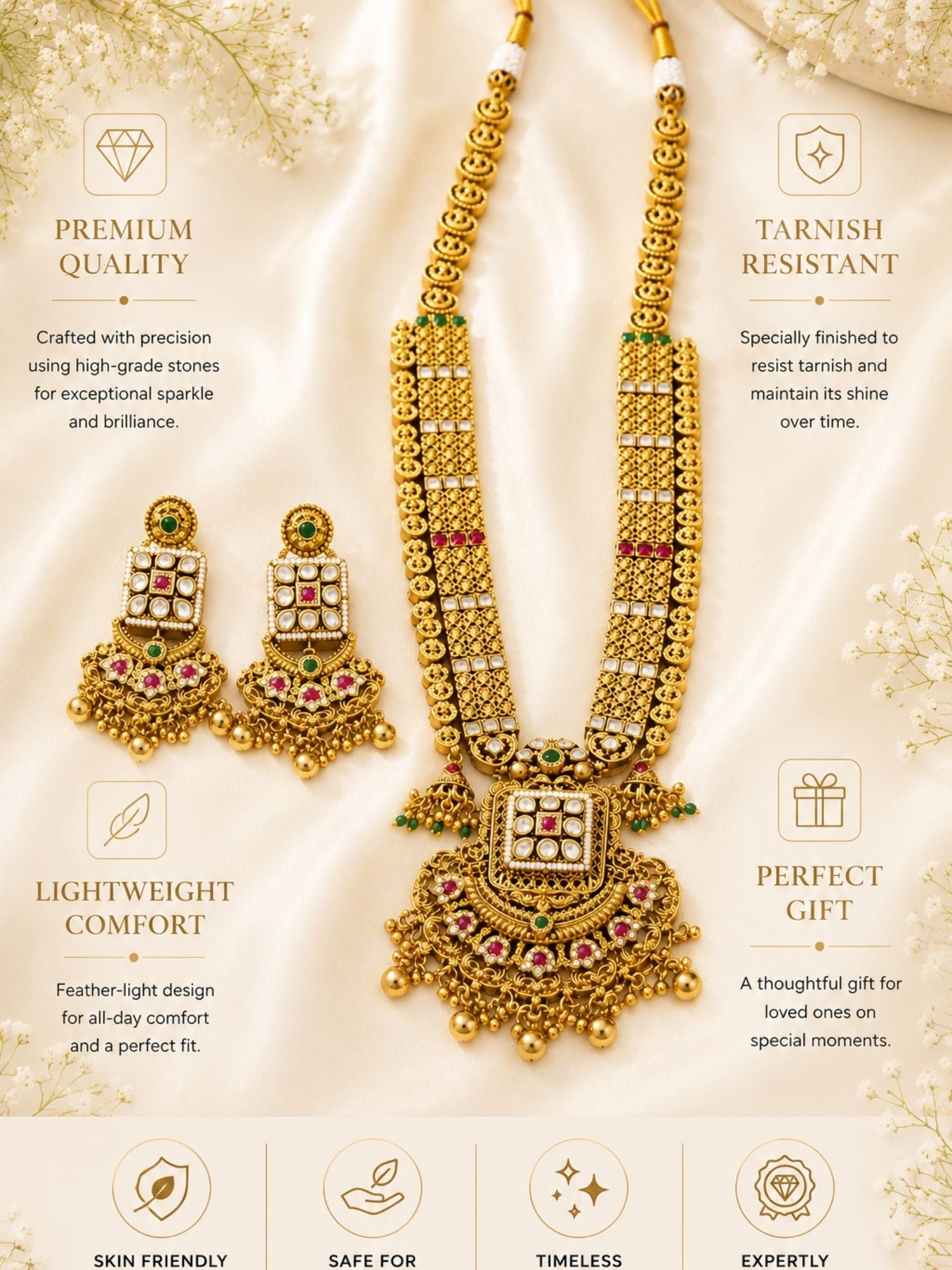 Gold Multicolour Ruby Green Stones Kundan Long Necklace Set  | Abdesigns