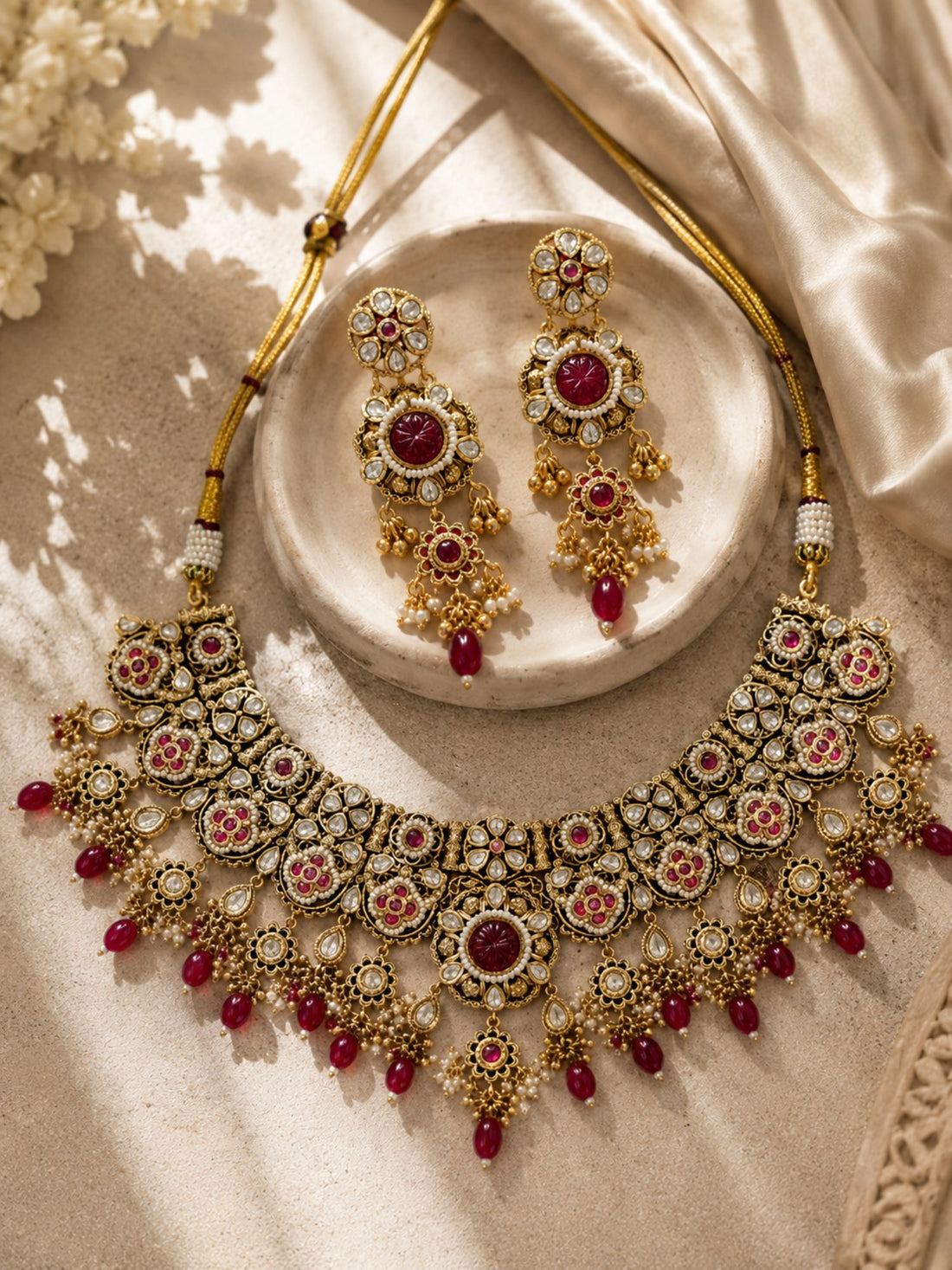 Antique Gold Plating Bridal Ruby Kundan Choker Necklace Set | Abdesigns