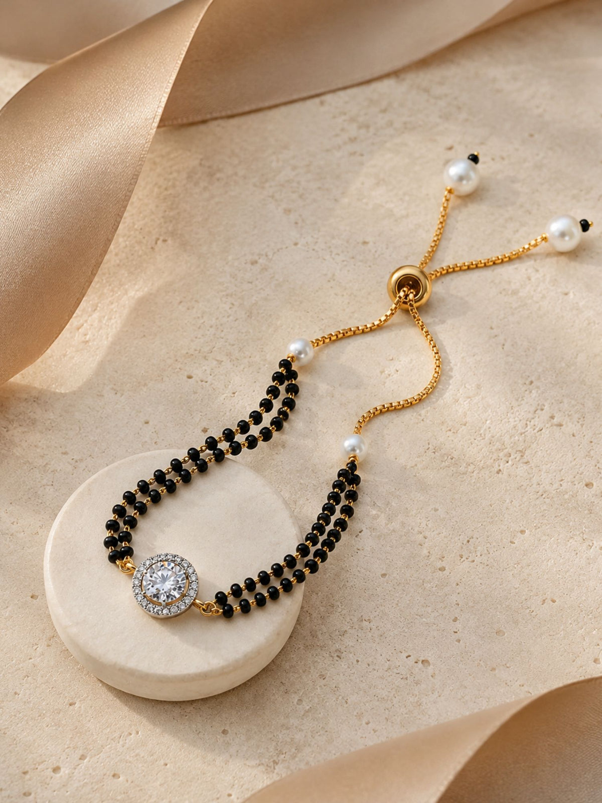 Gold Plated Solitaire AD Stone Hand Mangalsutra Bracelet for Women