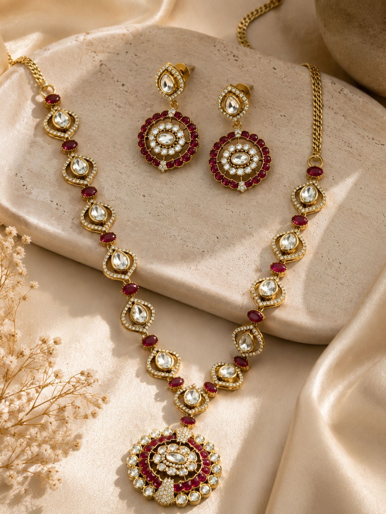 Ruby Kundan Pendant Necklace Set in Gold Plating | Abdesigns