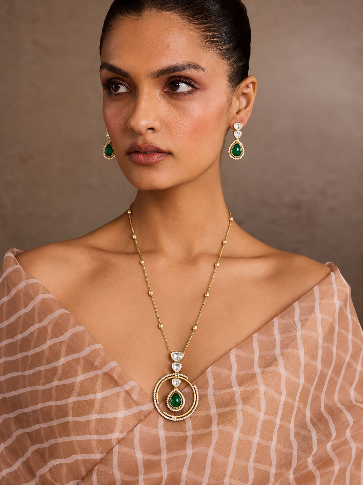 Gold Plated Kundan Green Stone Circular Pendant Necklace Set with Earrings for Women