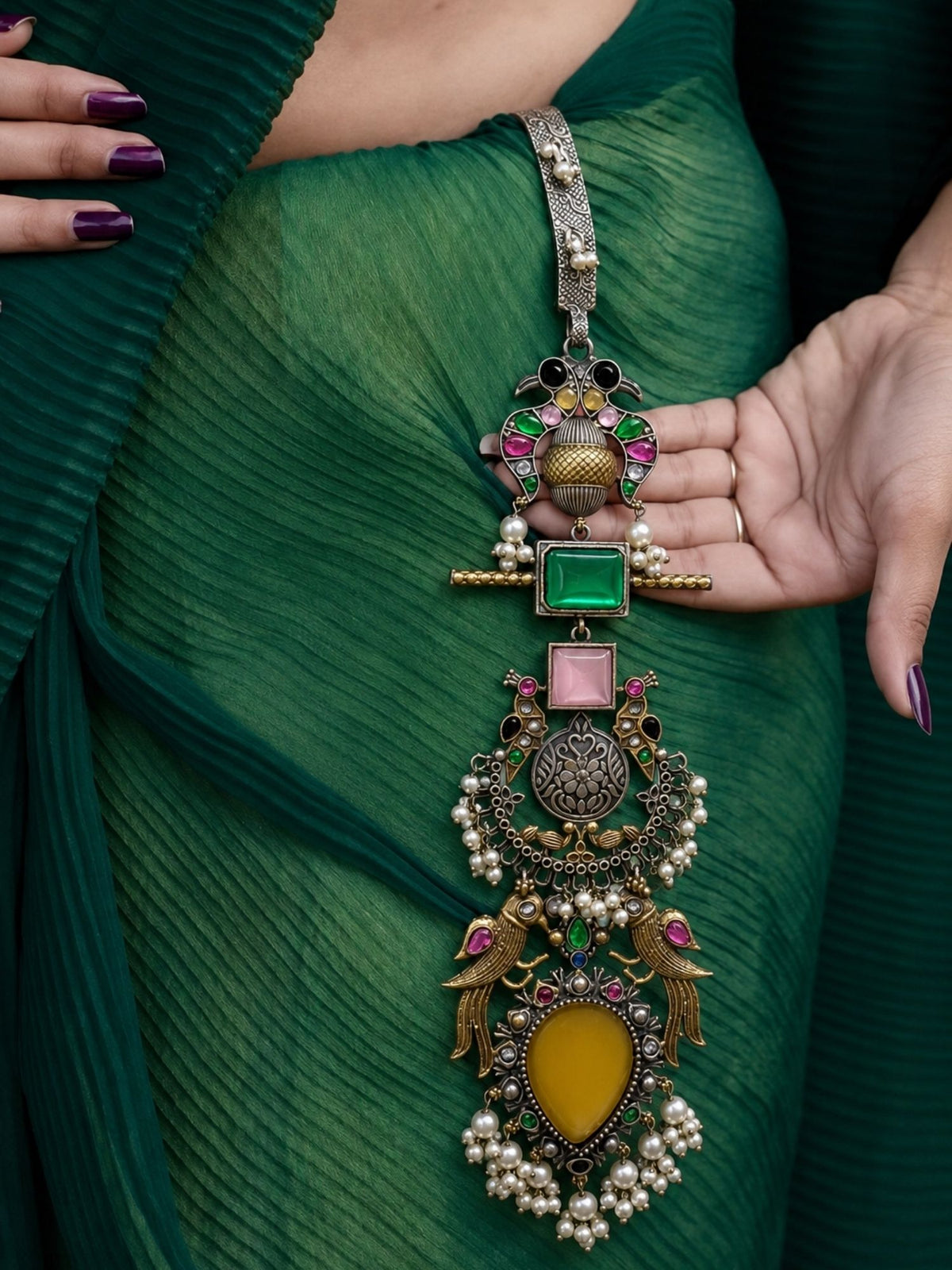 Peacock Saree Juda Pin for Women, Dual Tone Multicolour Stones