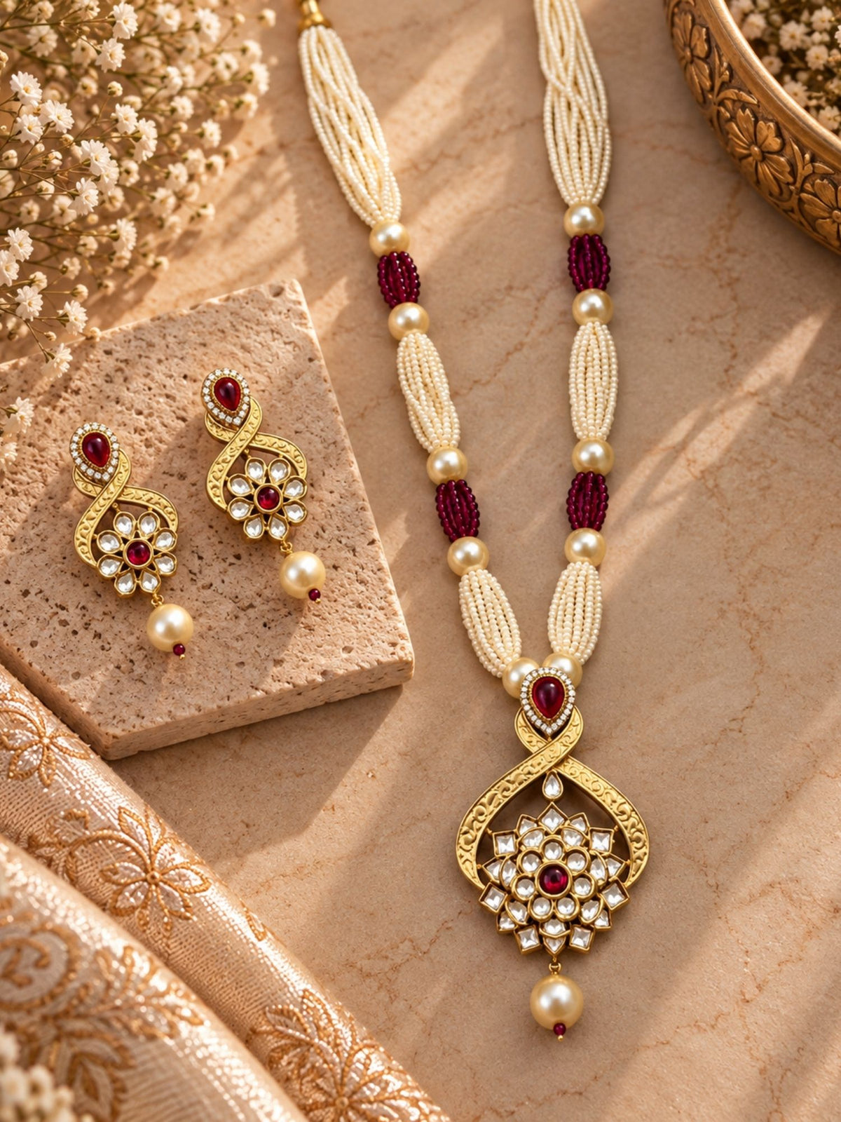 Pastel Kundan Pearl Floral Mala Set - Sky Blue, Pink, Cream