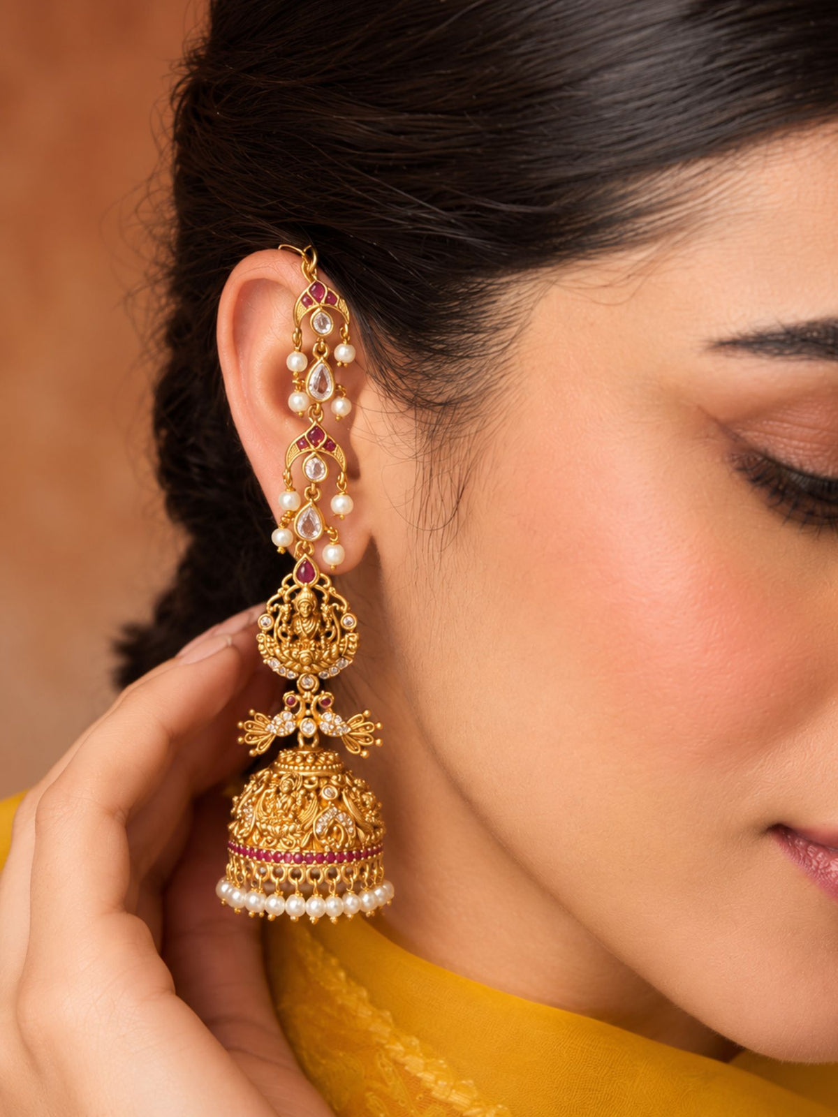 Traditional Lakshmi Temple Kaan Chain Jhumka Earrings
