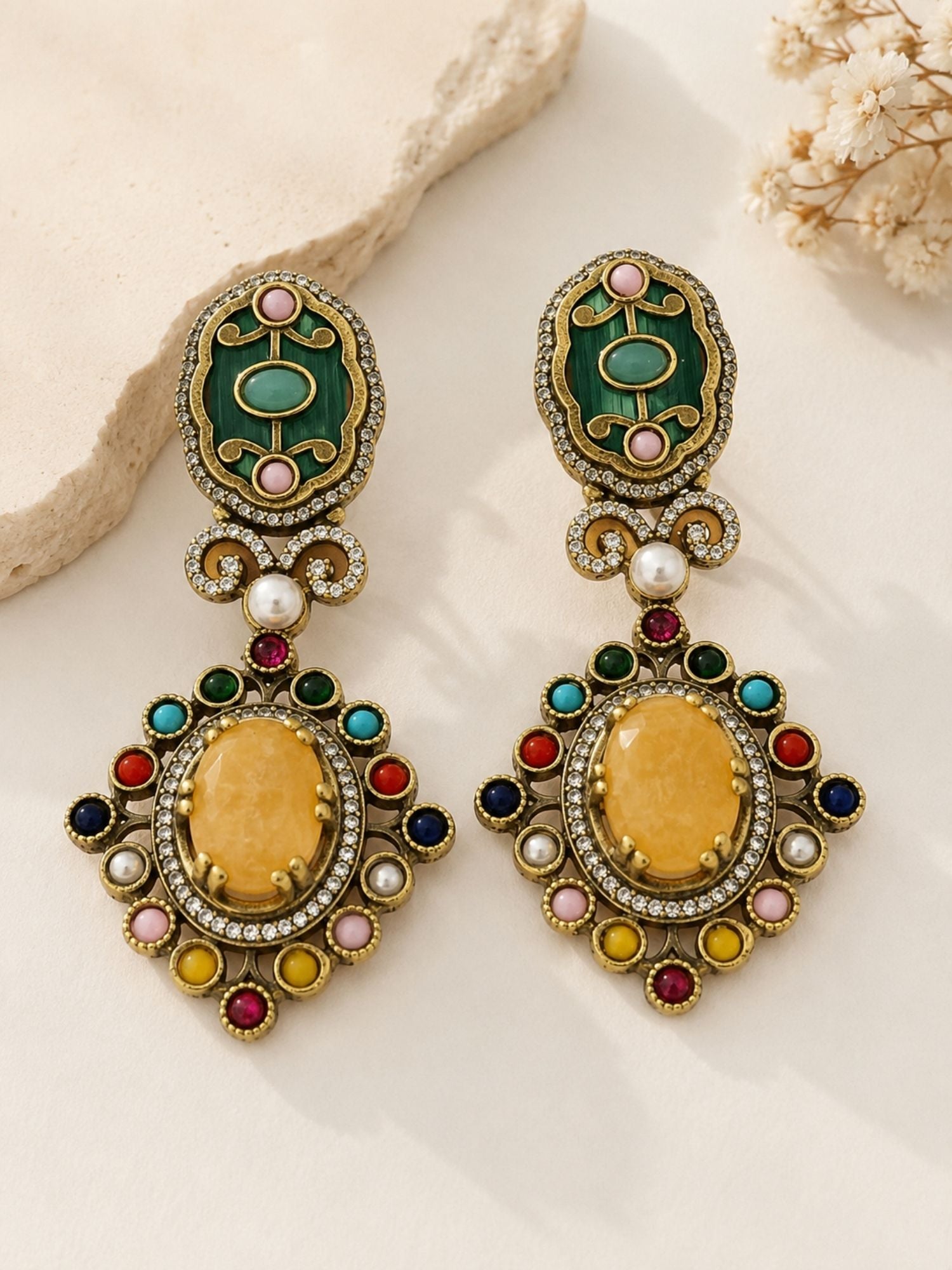 Victorian Oxidsed Gold Drop Earrings in Multicolor Stones – Festive | Abdesigns