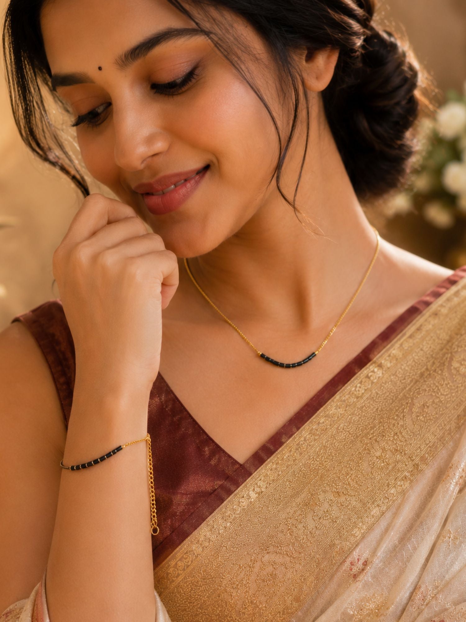 Gold Plated Minimal Black Beads Necklace Bracelet Set