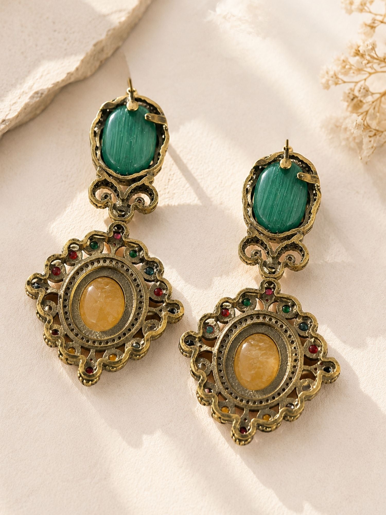 Victorian Oxidsed Gold Drop Earrings in Multicolor Stones – Festive | Abdesigns