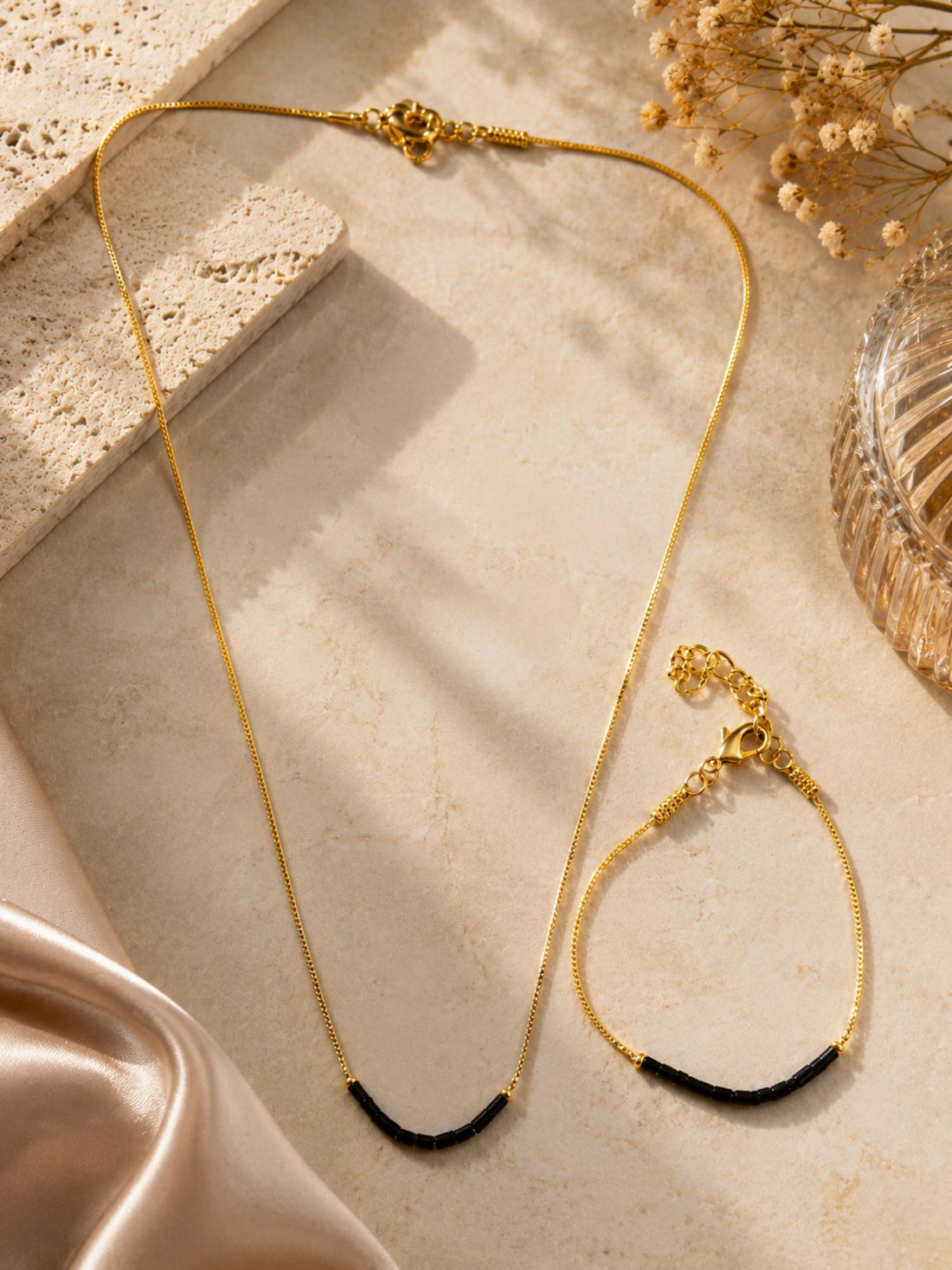 Gold Plated Minimal Black Beads Necklace Bracelet Set
