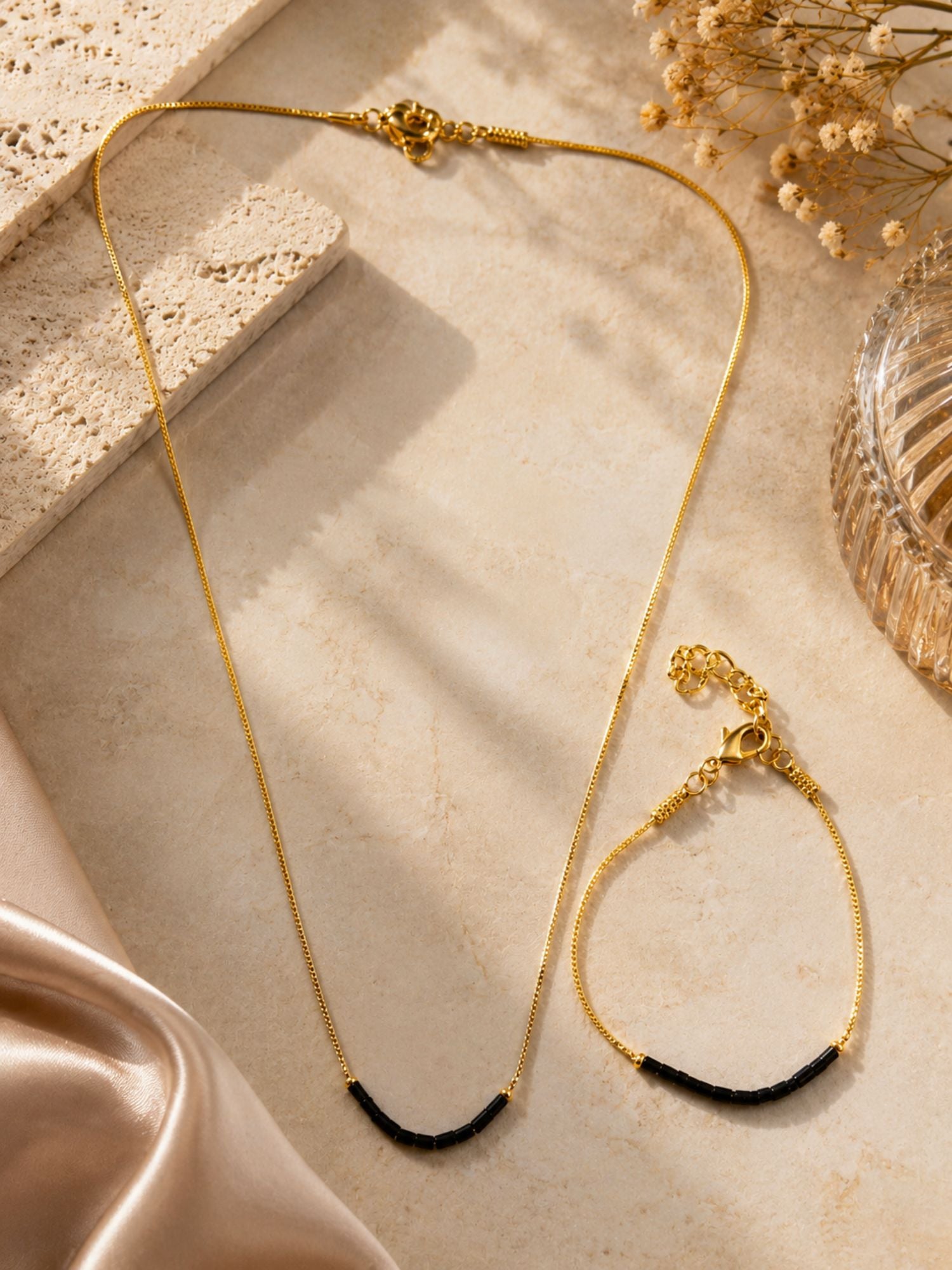 Gold Plated Minimal Black Beads Necklace Bracelet Set