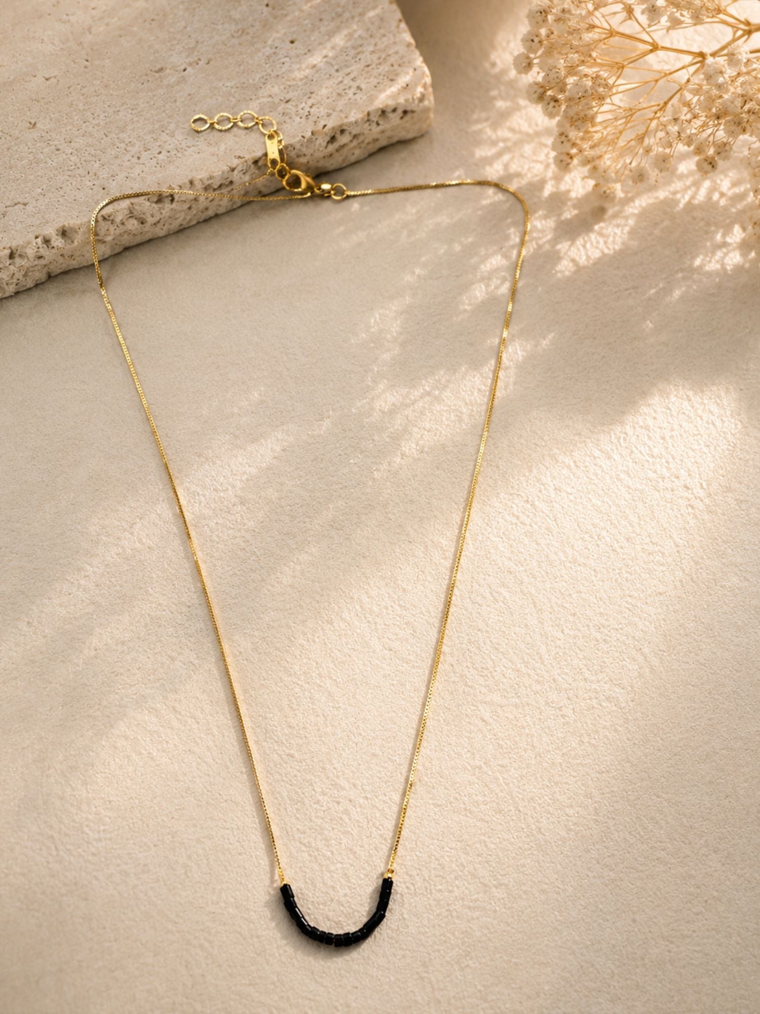 Gold Plated Minimal Black Beads Necklace Bracelet Set