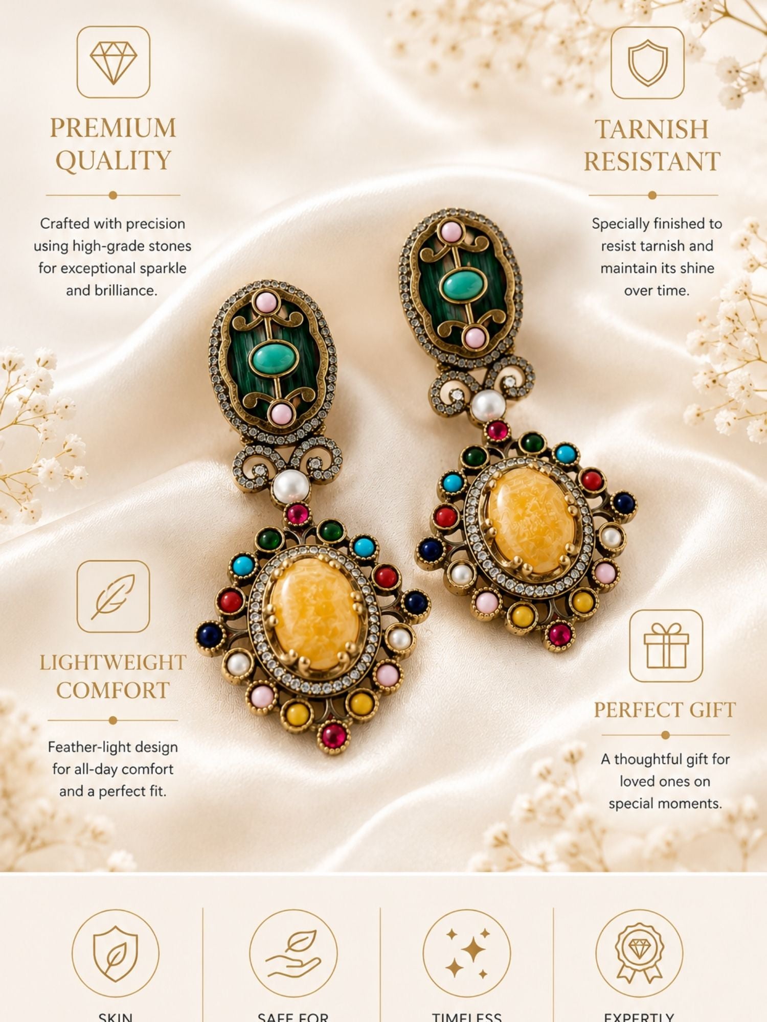 Victorian Oxidsed Gold Drop Earrings in Multicolor Stones – Festive | Abdesigns