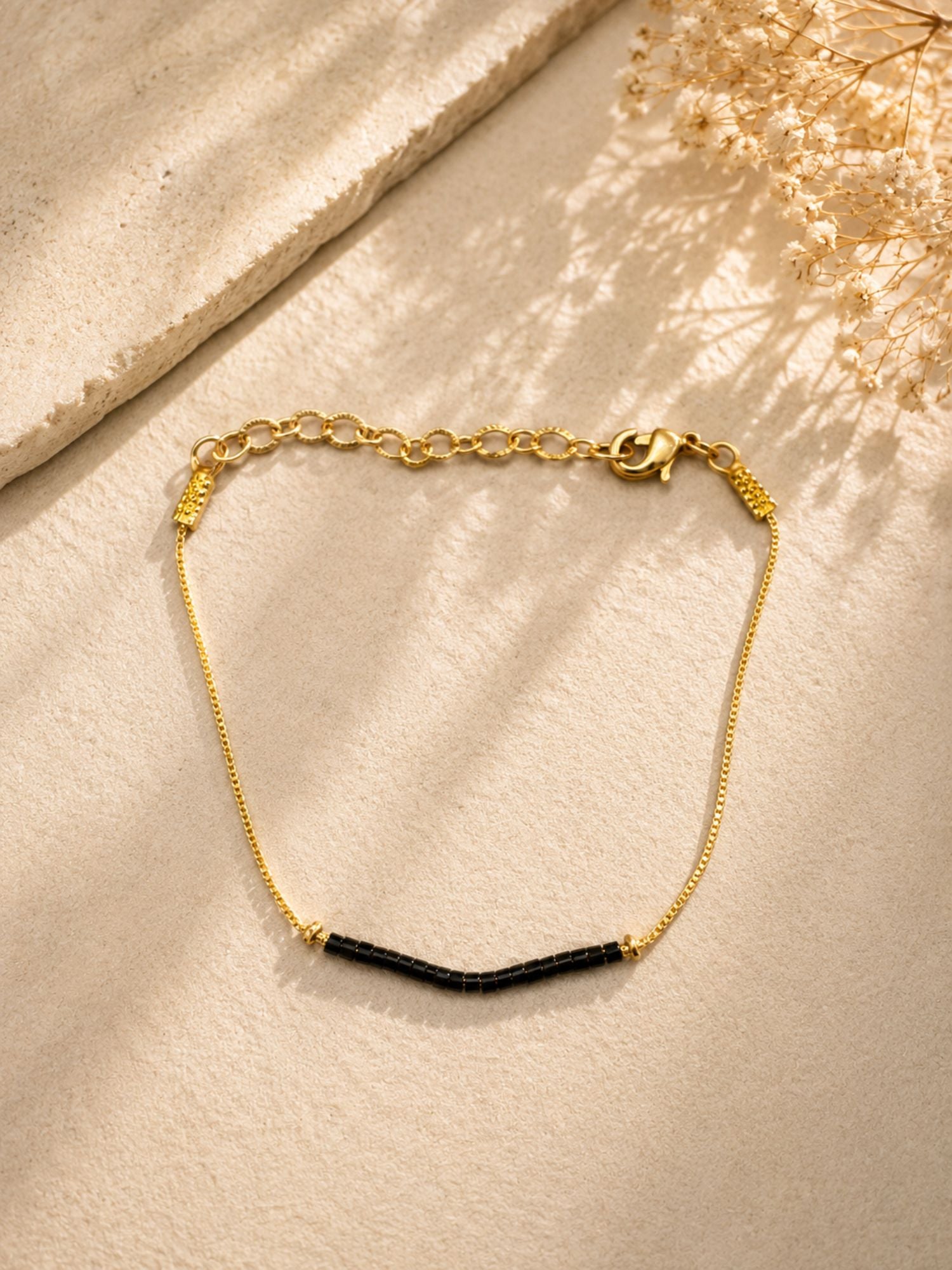 Gold Plated Minimal Black Beads Necklace Bracelet Set
