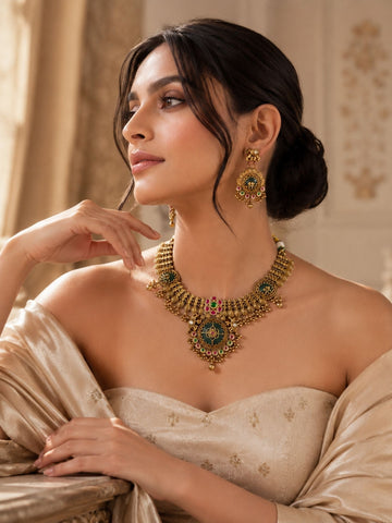 Temple Necklace Set in Gold Plating – Bridal | Abdesigns
