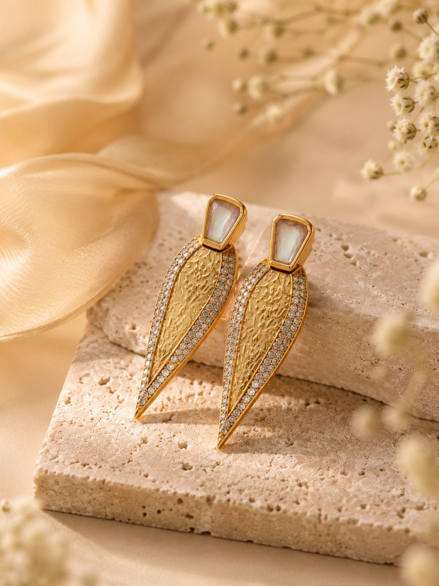 Geometric Gold Drop Earrings in CZ Finish – Party Wear | Abdesigns Jewellery