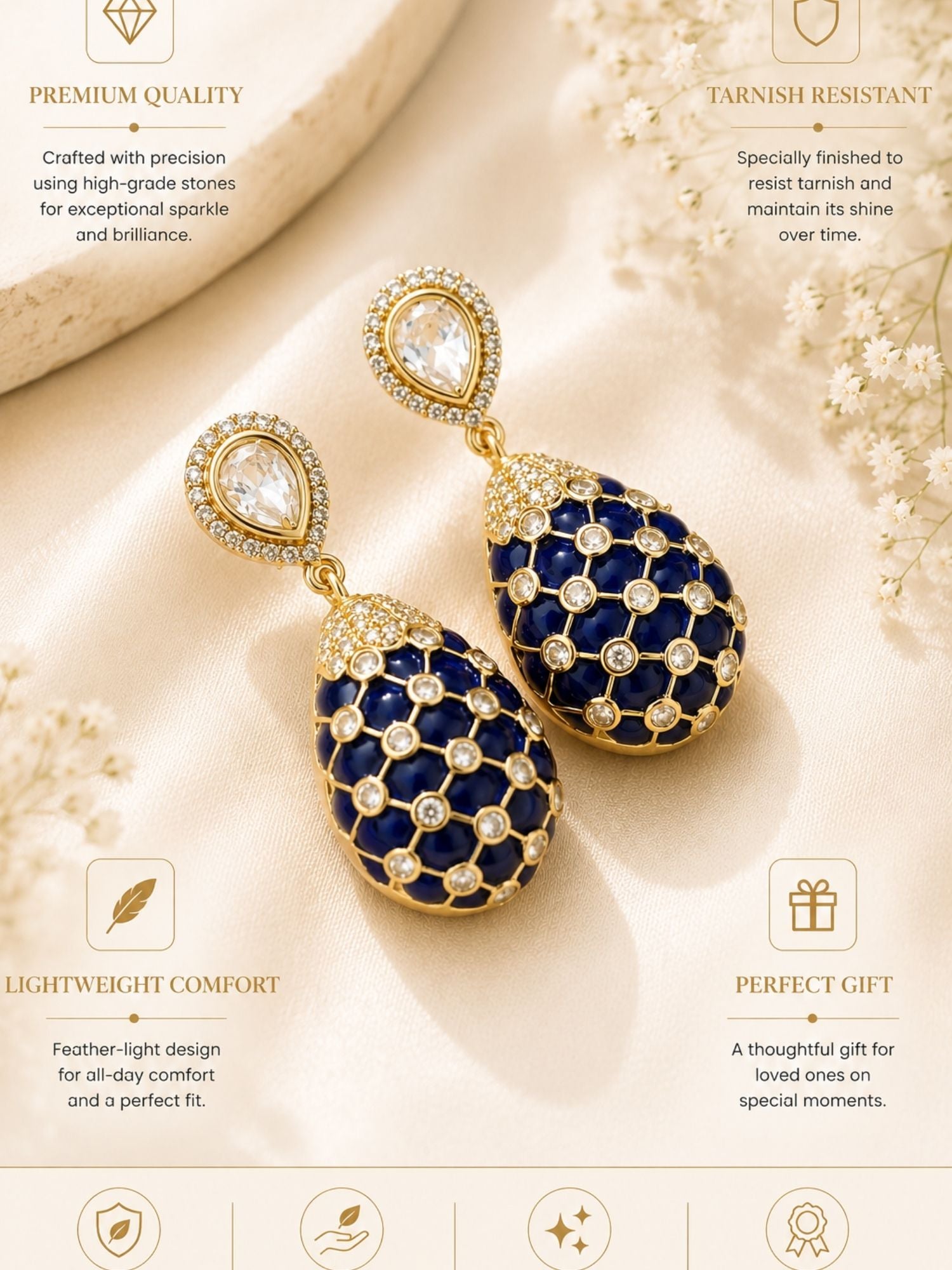 Gold Plated Polki Tear Drop Statement Earrings | Abdesigns Jewellery