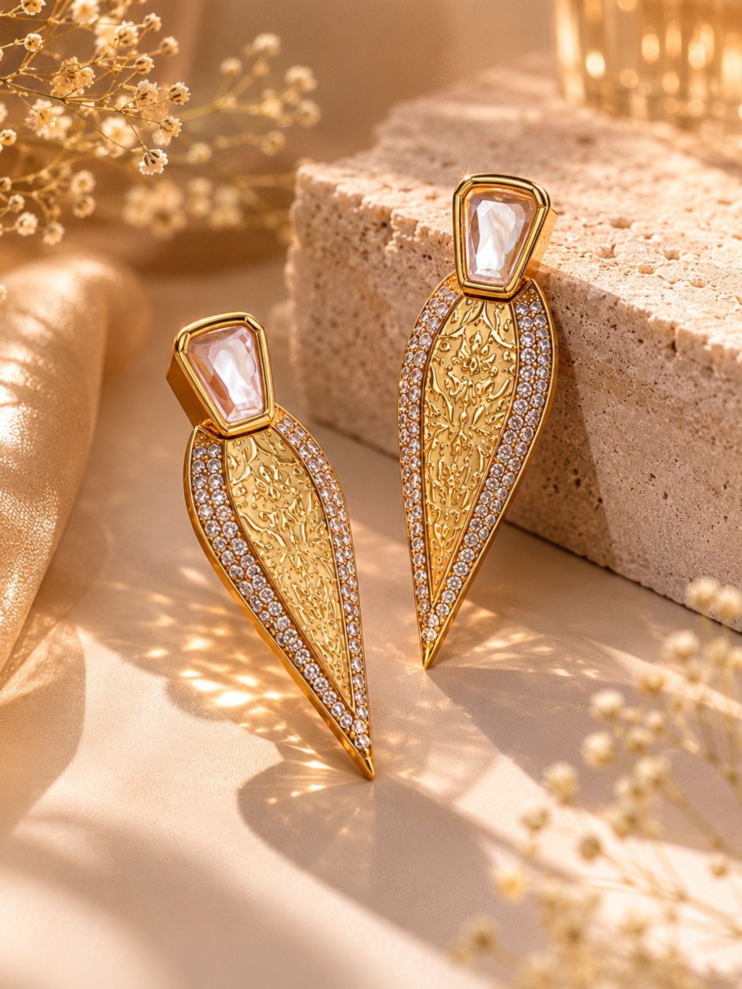 Geometric Gold Drop Earrings in CZ Finish – Party Wear | Abdesigns Jewellery
