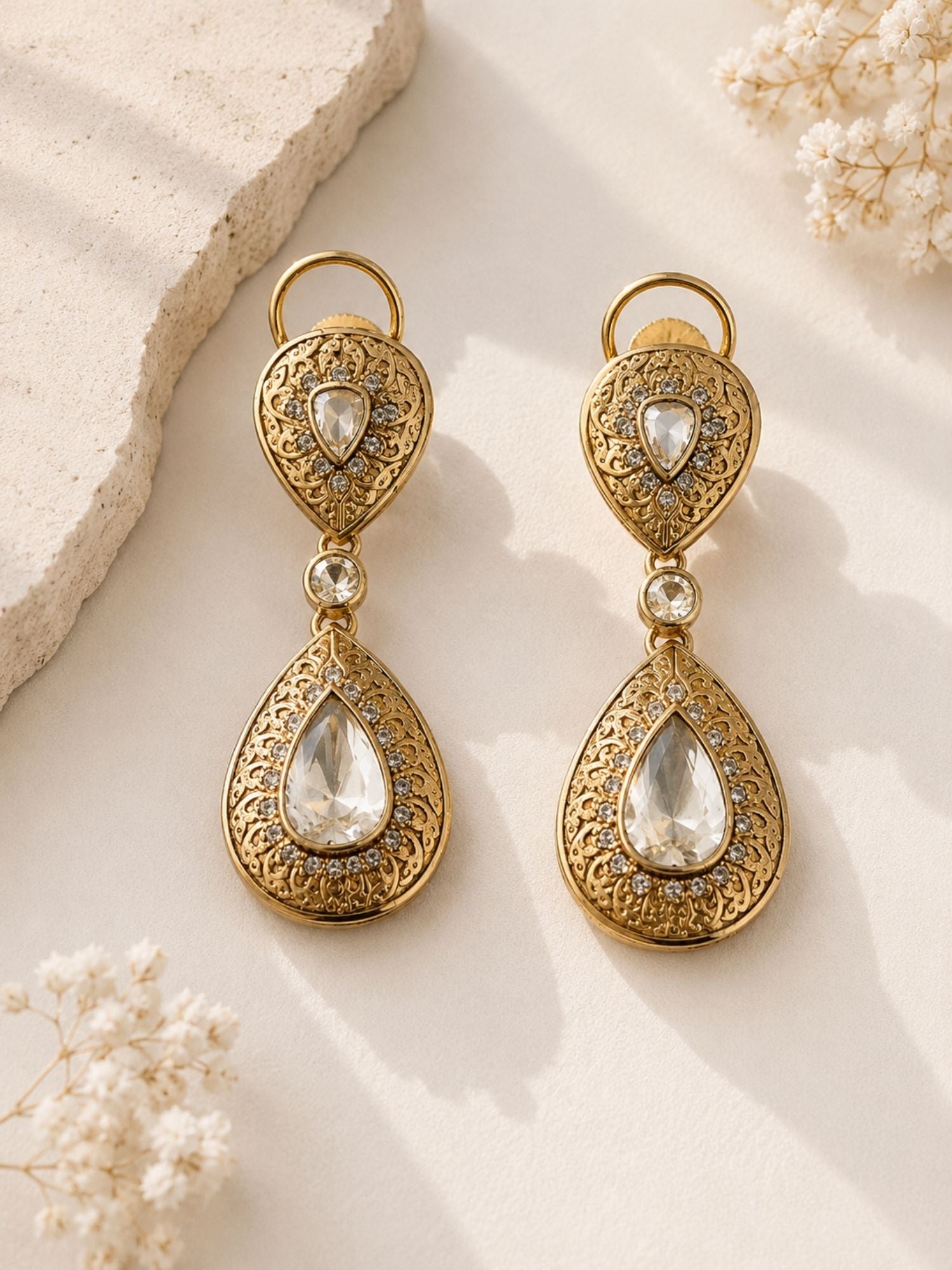 Contemporary Polki Kundan Earrings in Gold Tone  | Abdesigns