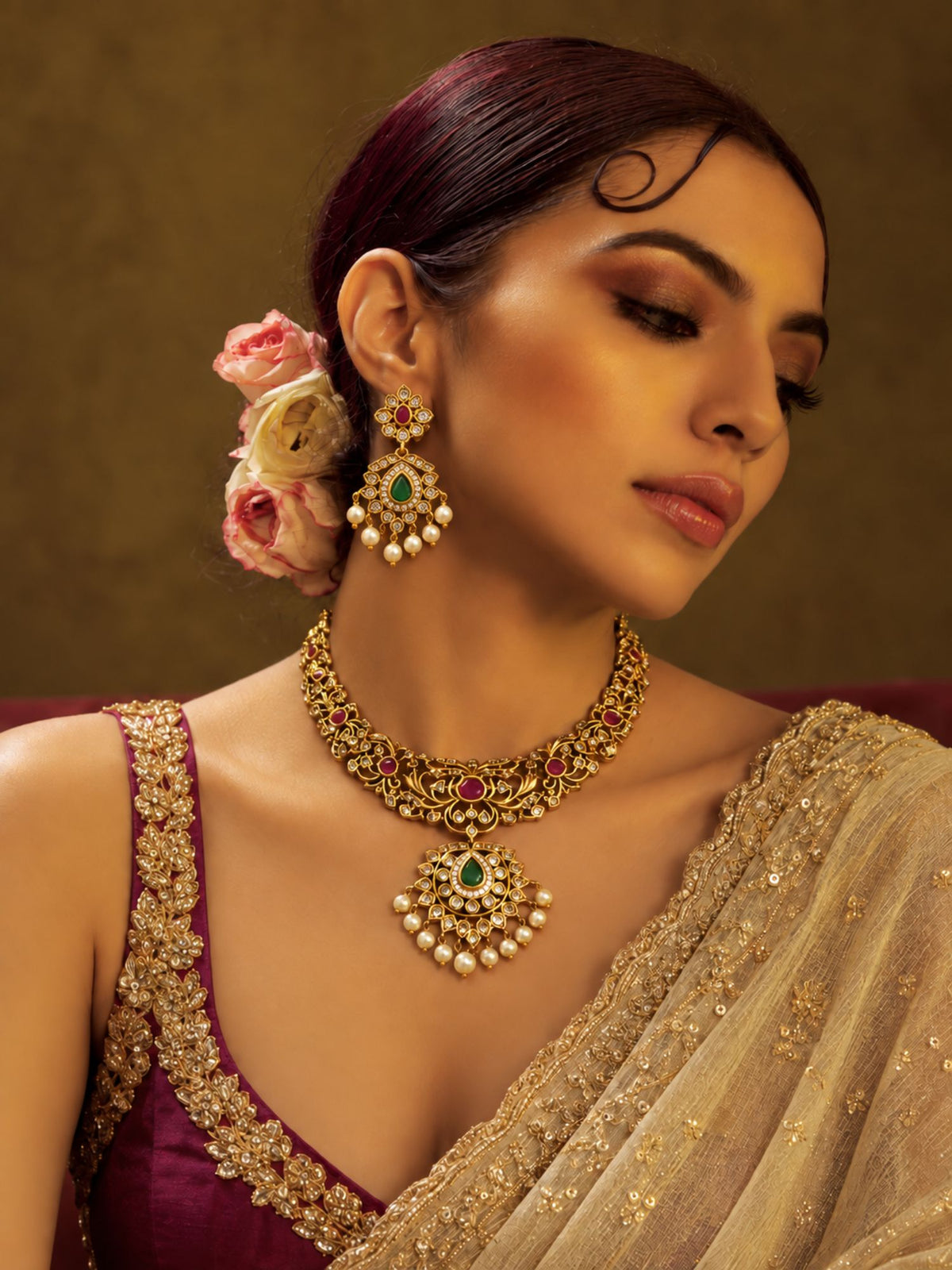 Gold Plated Kundan Polki Pearl Statement Necklace Set  Abdesigns