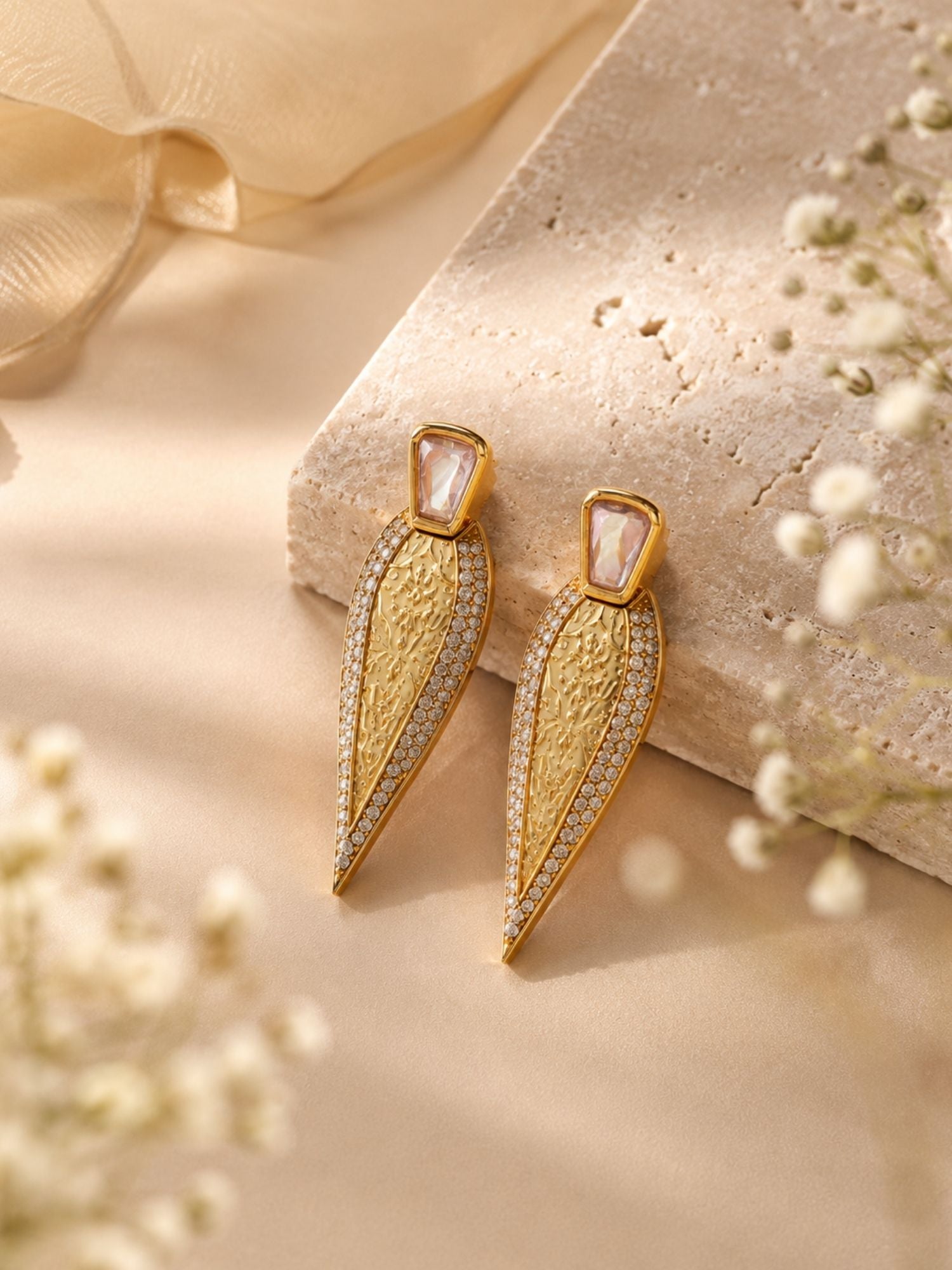 Geometric Gold Drop Earrings in CZ Finish – Party Wear | Abdesigns Jewellery