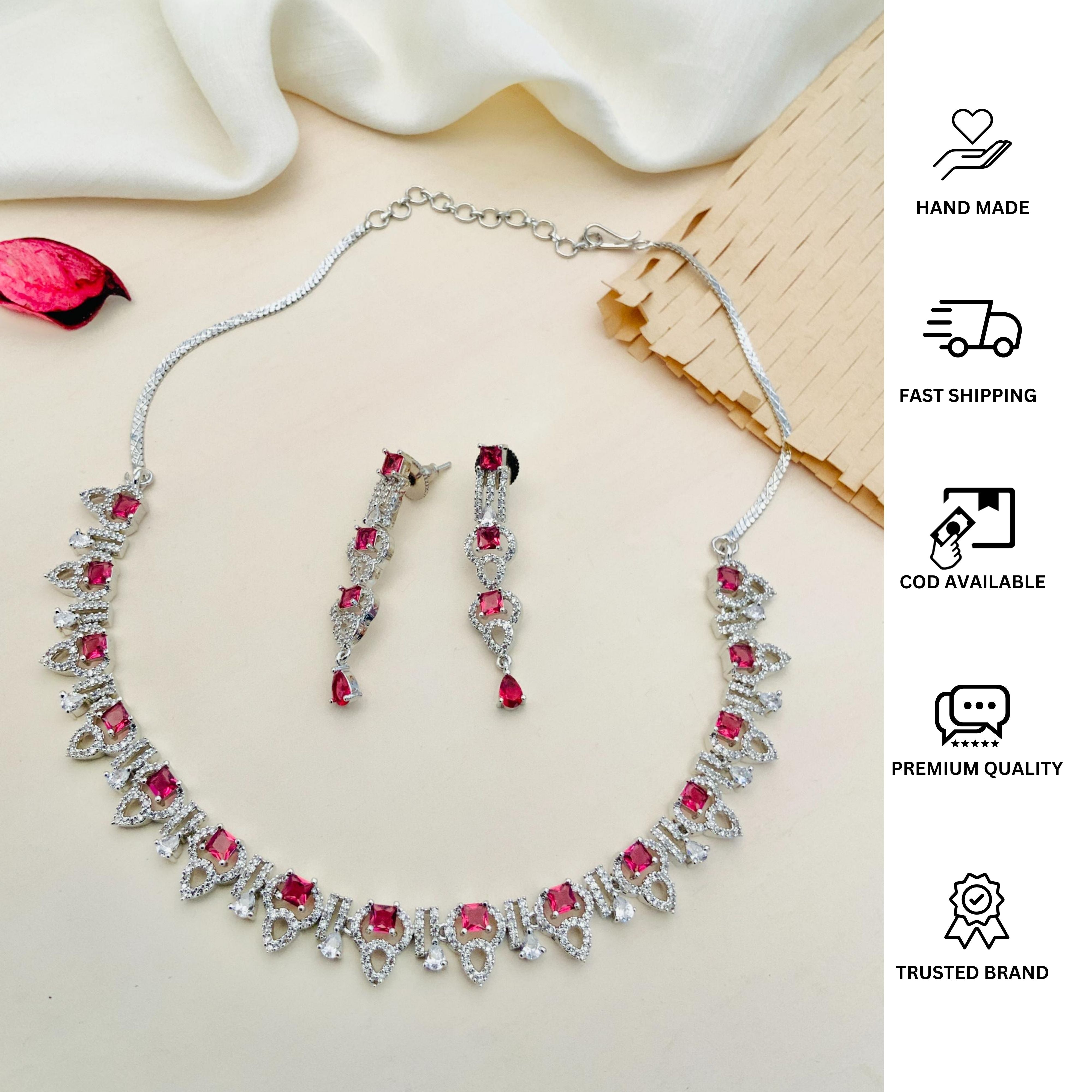 Premium Silver Plated American Diamond Necklace Set