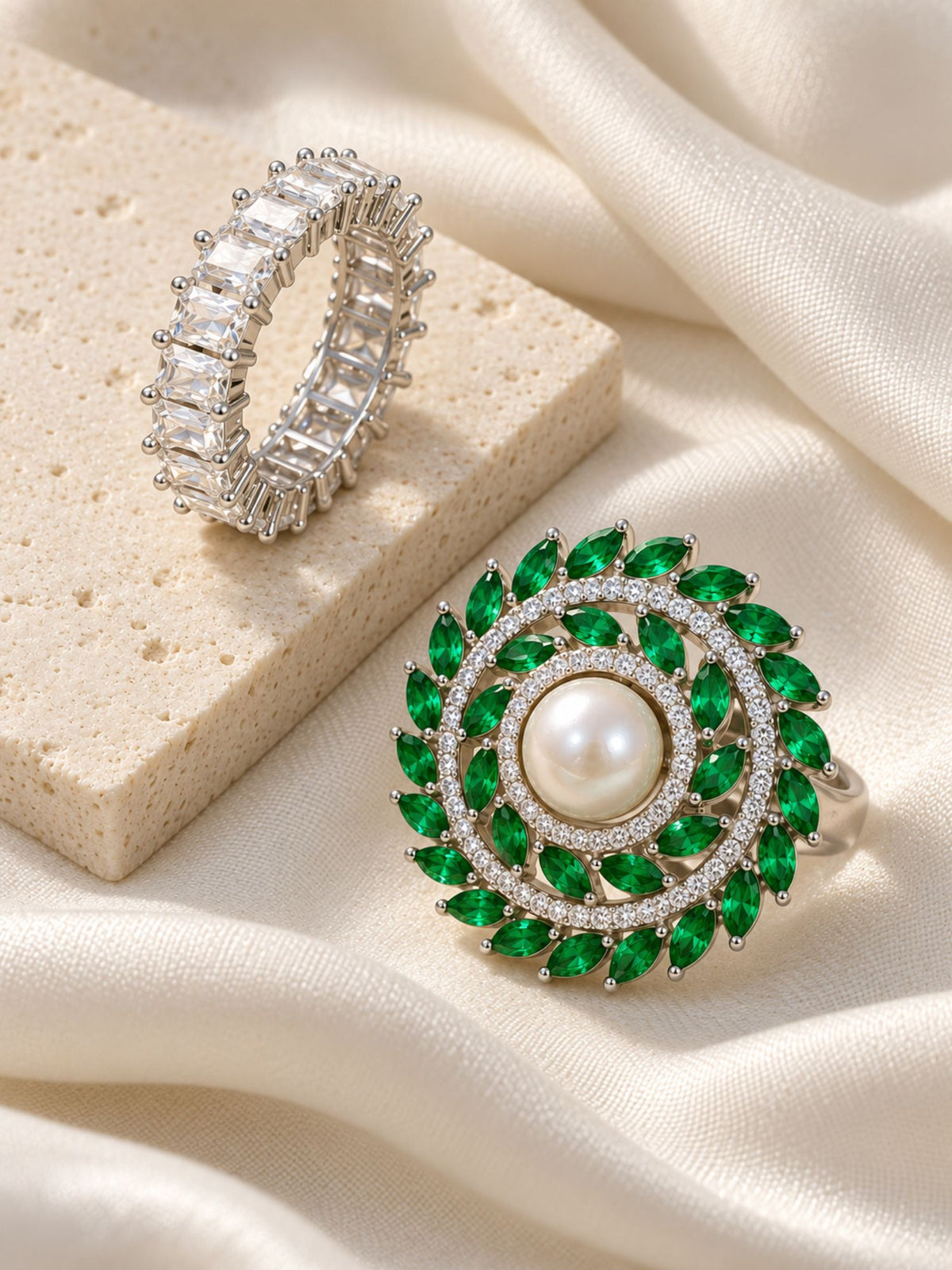 Set of 2 Silver Plated AD Stone Green Pearl Statement Rings for Women