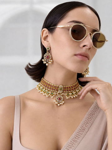 Antique Gold Plated Pink & Green Kundan Pearl Choker Necklace Set with Earrings
