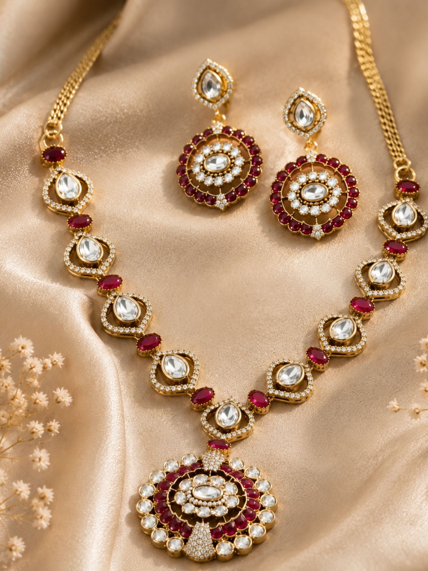 Ruby Kundan Pendant Necklace Set in Gold Plating | Abdesigns