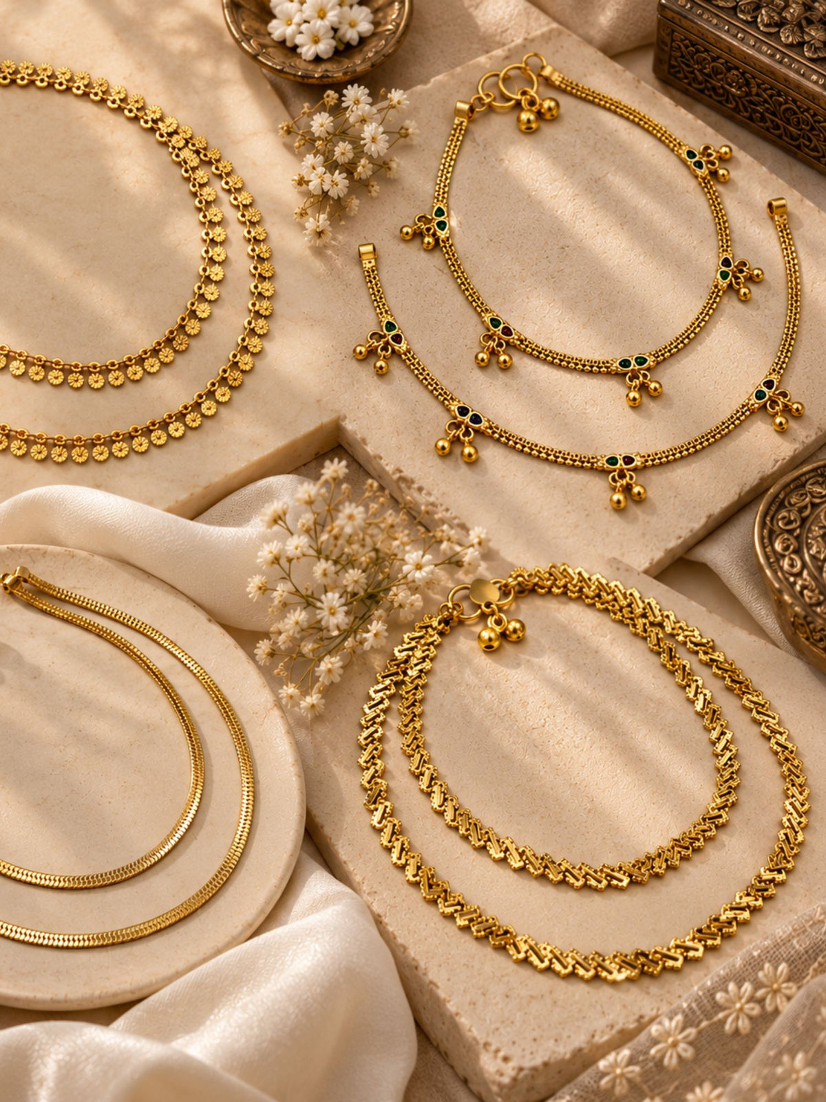 Combo Of 4 Gold Plated Traditional Anklets for Women