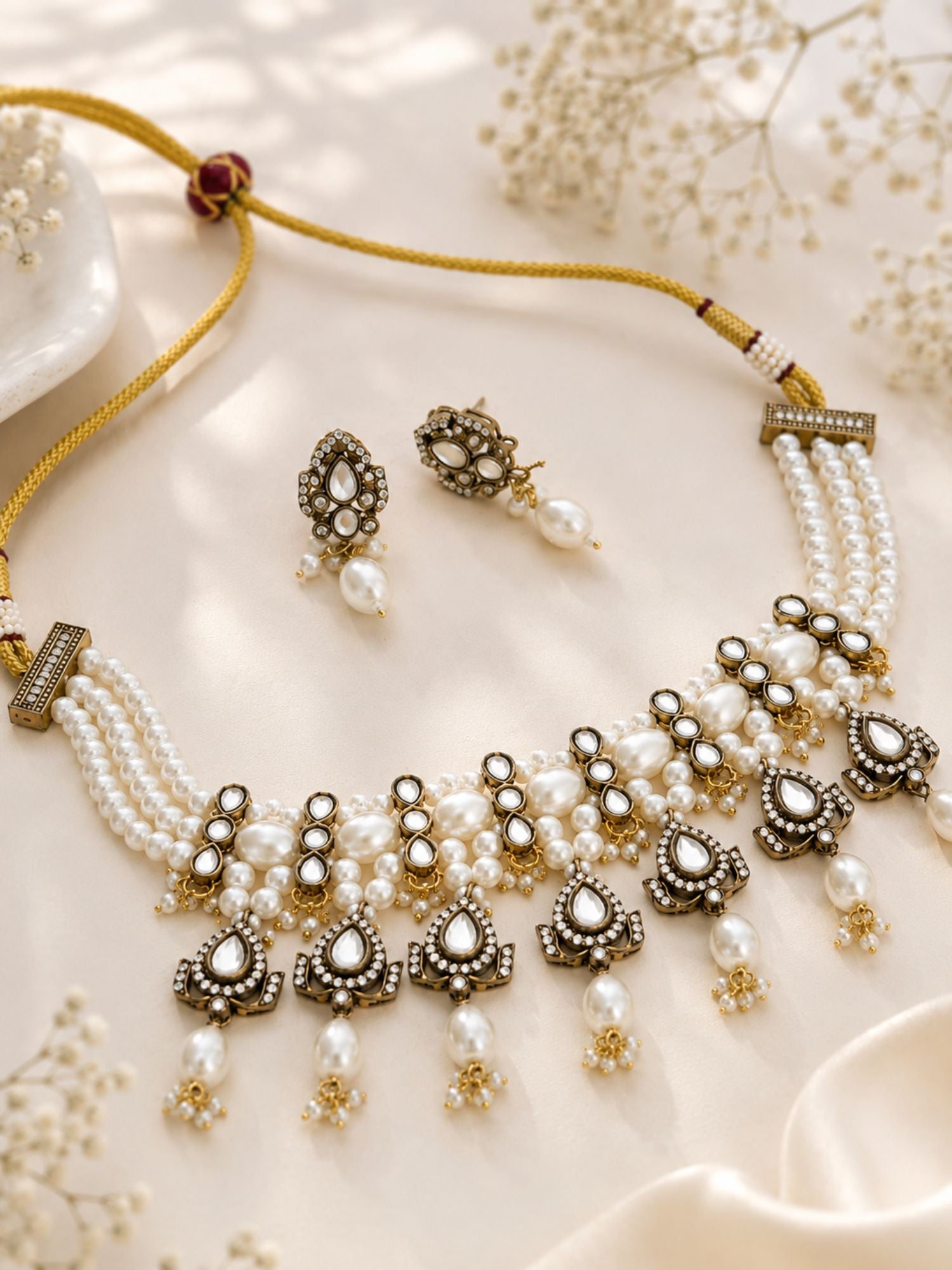 Pearl Kundan Choker Set in Antique Oxidsed Gold – Bridal | Abdesigns